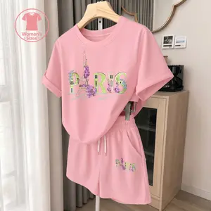 Women’s two piece set with Paris graphic print, soft breathable fabric, relaxed fit T-shirt and shorts, perfect for vacation, beach, travel and daily wear, simple chic summer outfit