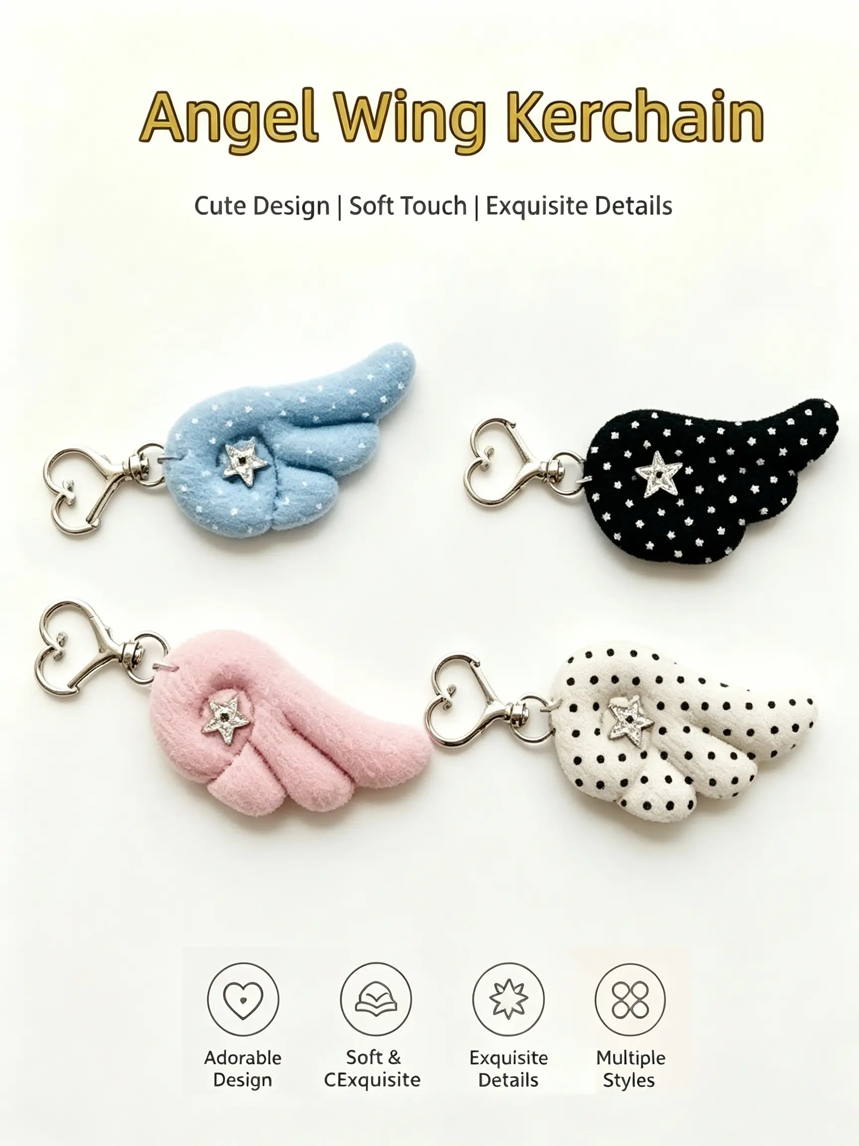 4 Pcs Cute Polka Dot Angel Wings Keychain, Soft Plush Heart Rhinestone Star Pendant, Fashion Accessory for Backpacks, Bags, Car Keys