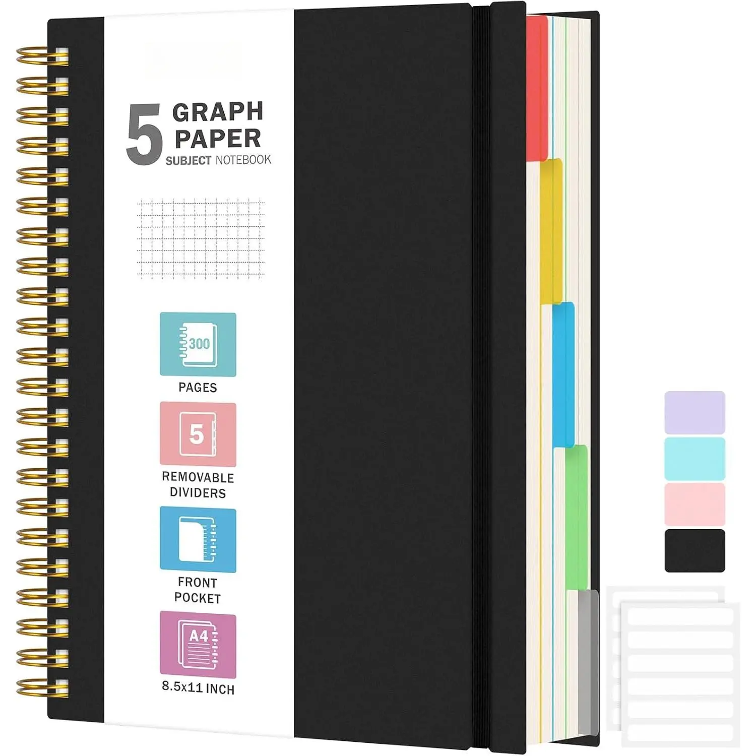 Graph Paper Notebook 8.5" X 11": 5 Subject Graphing Notebook with Dividers | 300 Pages 100gsm Thick Spiral Grid Notebooks, 5x5 Graph Ruled Paper, Large A4 Math Notebook Journal for School Engineering