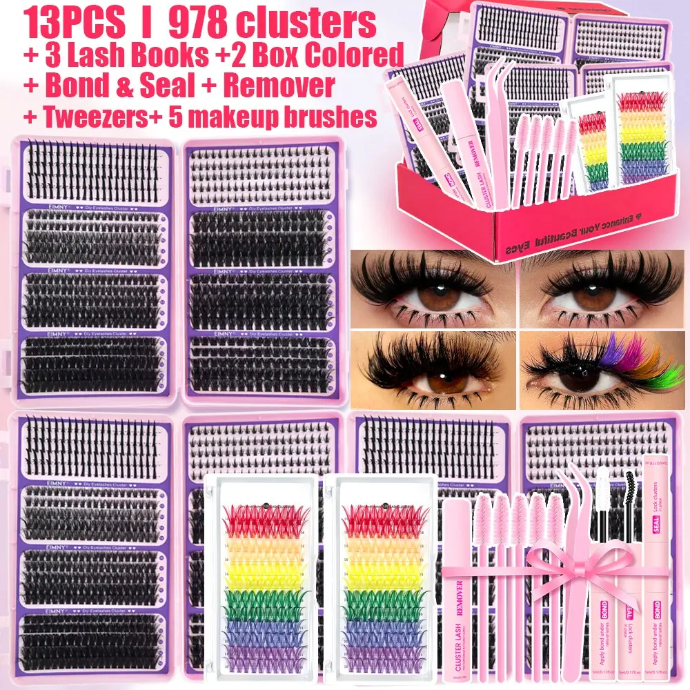 13-In-1 DIY Lash Cluster Kit, 978 Clusters, 3 Lash Books, 2 Boxes Colored Lashes, Bond & Seal, Remover, Tweezers, 5 Makeup Brushes