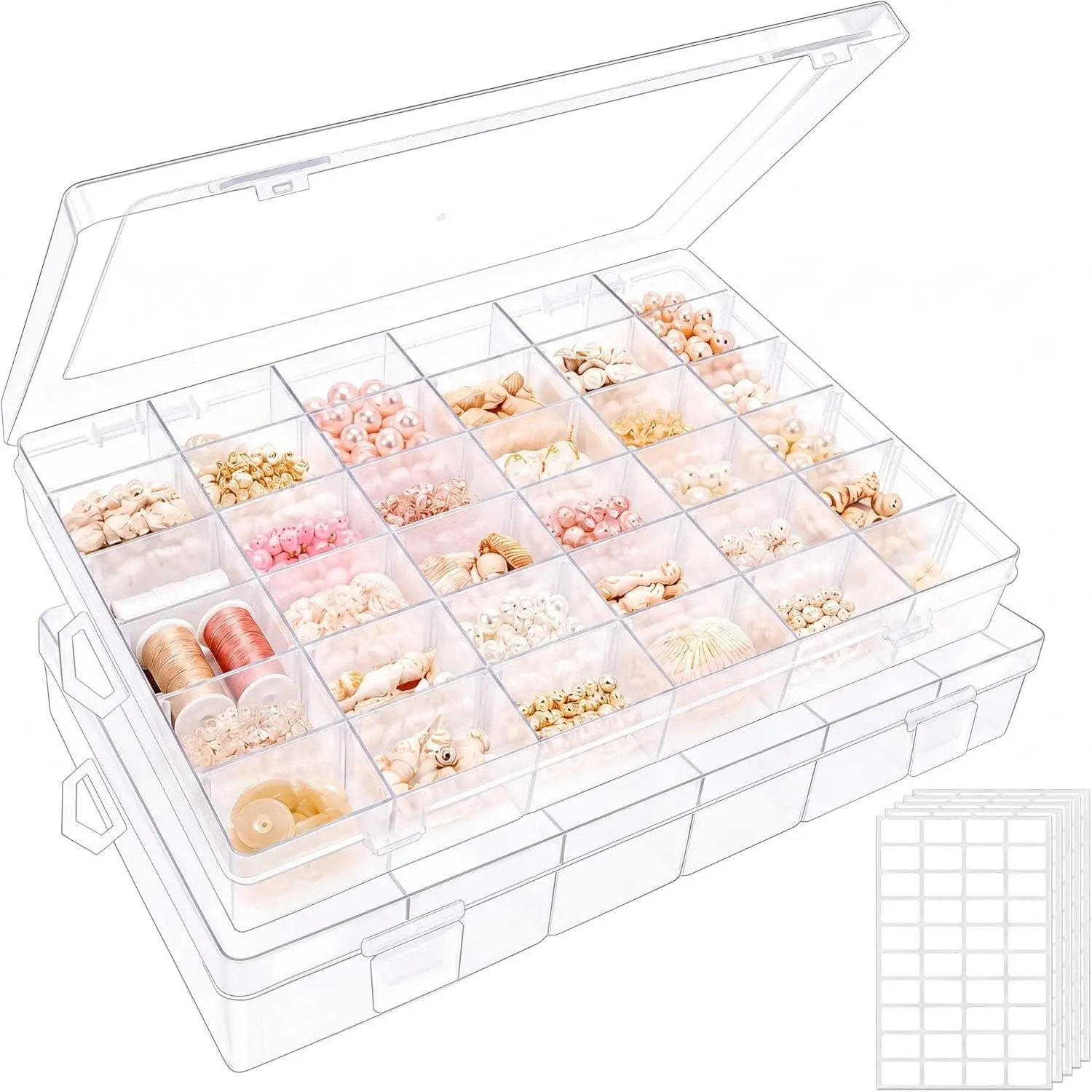 2 Pack Clear Bead Organizer Tackle Box with Adjustable Dividers for Jewelry Art Craft Containers 36 Grids Compartment with 5 Sheets Label Stickers