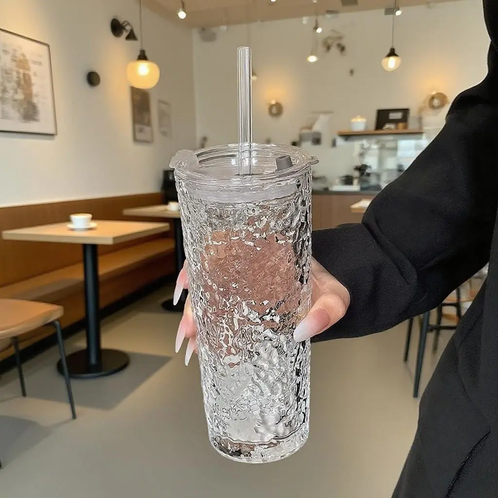 New high-quality transparent coffee iced Americano latte glassware, large capacity 530ml with lid and straw, office water cup