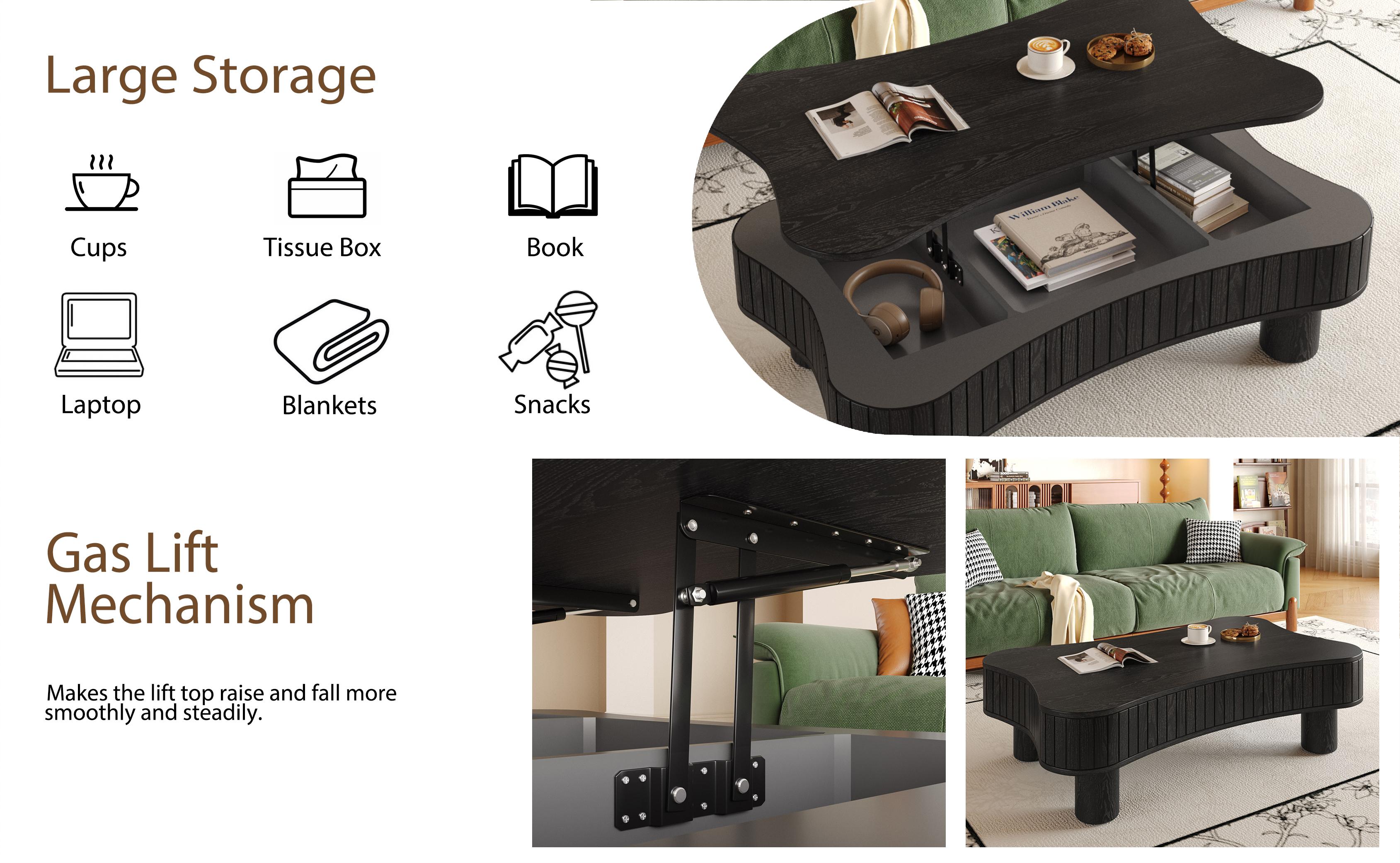 Lift Top Coffee Table for Living Room 42" - Fluted Panel Hidden Storage, Silent Hydraulic Lift, Curved Safety Corners, 5 Min Assembly (27"W x 13-18.9"H, Black)