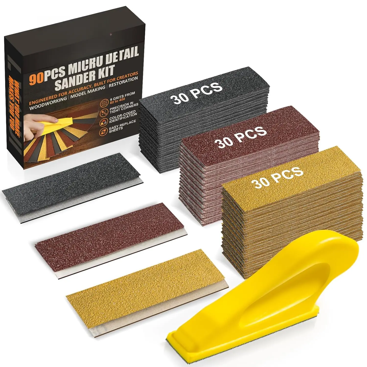 90-Piece Micro Detail Sander Kit with 3-in-1 Mini Hand Sanding Block and 60-400 Grit Sandpaper for Wood Crafts, Tight Spaces, and DIY Polishing, No, No Warning Applicable