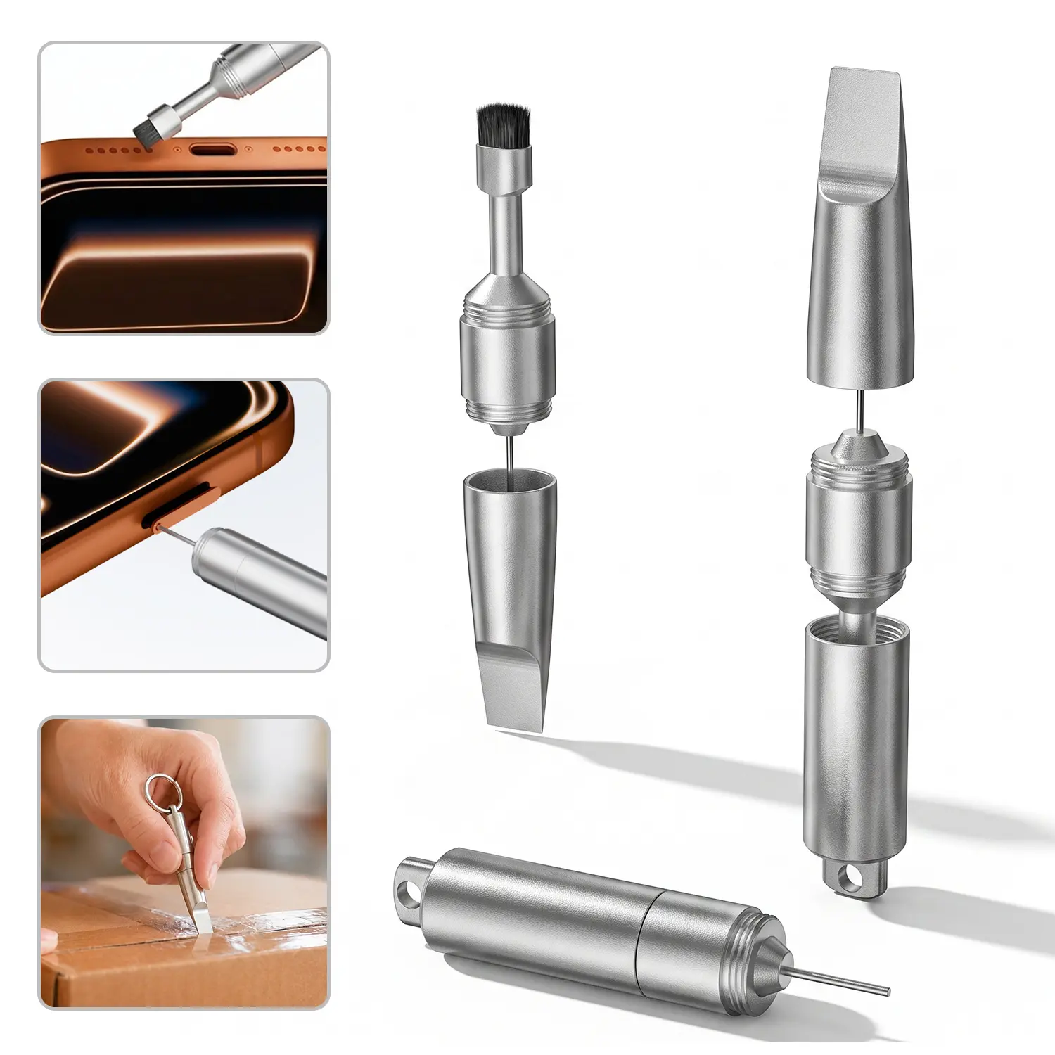Aluminum Body SIM Card Tray Removal Tool with Keychain Clip, Cleaning Brush, 3-in-1 Dual-Head Reset Needle & Earphone Port Cleaner for Smartphone, Cellphone, Mobile Device, iPhone, Airpods, Earbuds,back to school