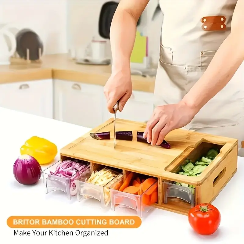 Bamboo Wood Drawer Cutting Board, Wooden Chopping Board with Container Storage Box, Multi-Functional Kitchen Essential, Grater and Juice Tray Included