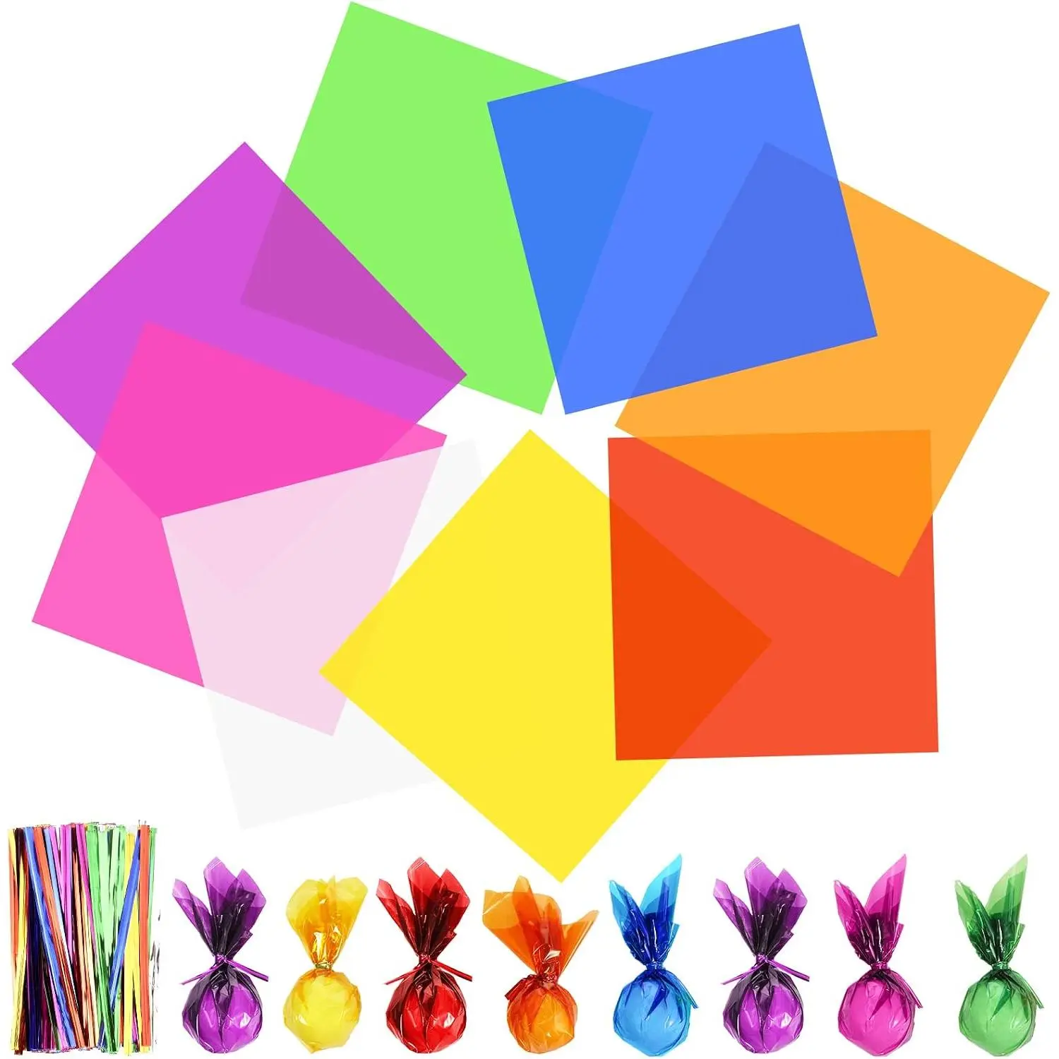 40 count Colored Cellophane Paper Cello Sheets Wraps Cellophane Transparent  Wrap with 120 count Metallic Twist Ties for DIY Arts Crafts Gifts  Candy Wrapping (14x14 Inch,Multicolor)