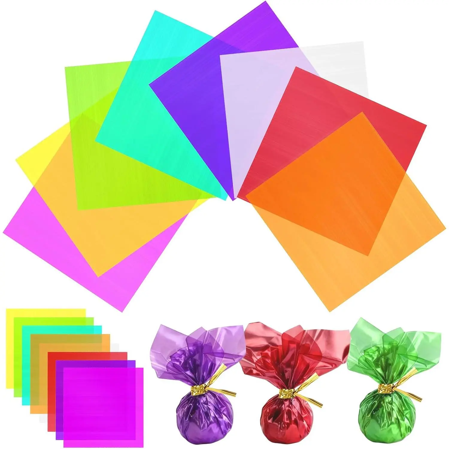120 count Colored Cellophane Sheets, Easily Shaped Cellophane paper, Cellophane Wrap for DIY Crafts, Holiday Decorations, Small Gifts Packaging, Window Decorations. (7.5 x 7.5 Inch)