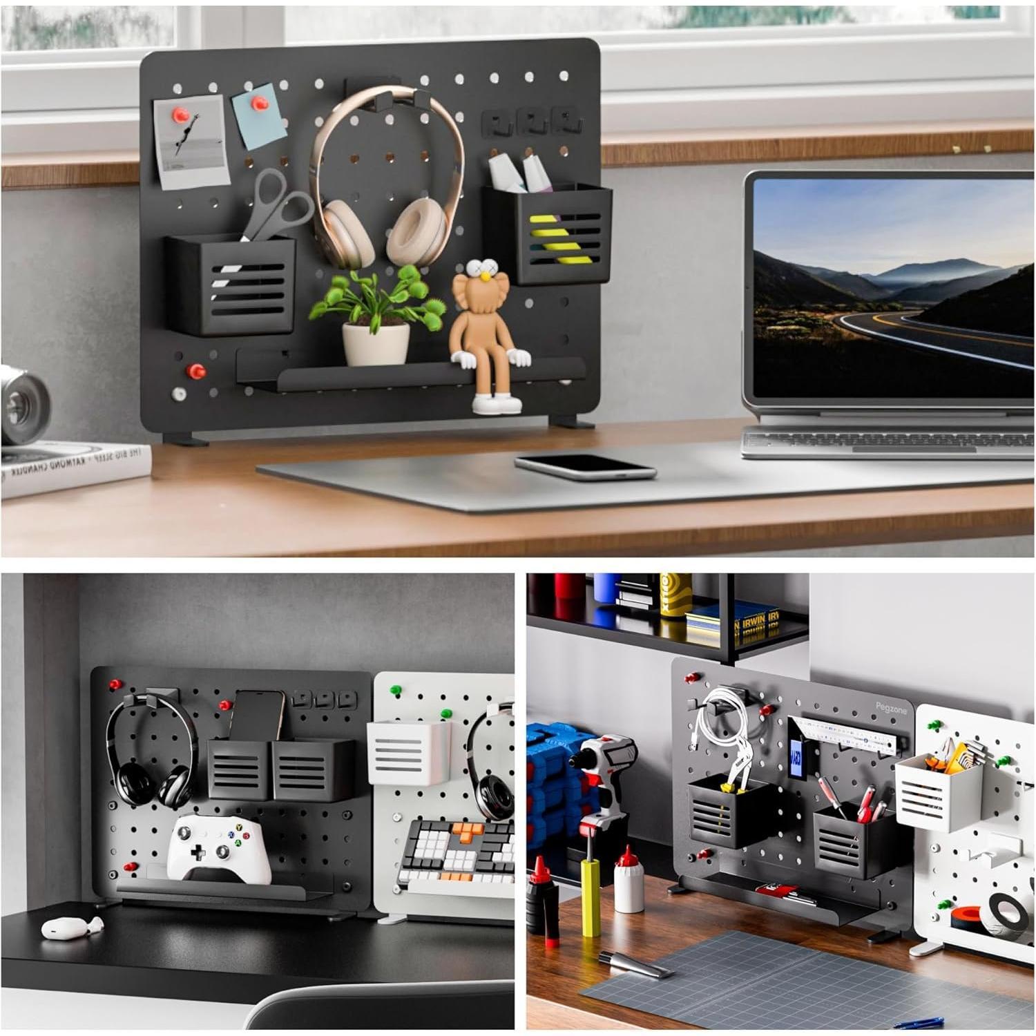 Clamp- Desk Pegboard, Desk Organizer for Office Gaming ,  Metal Peg Board with 10 Accessories,  Panel for Office, 16.5" x 12.6", Medium, Black