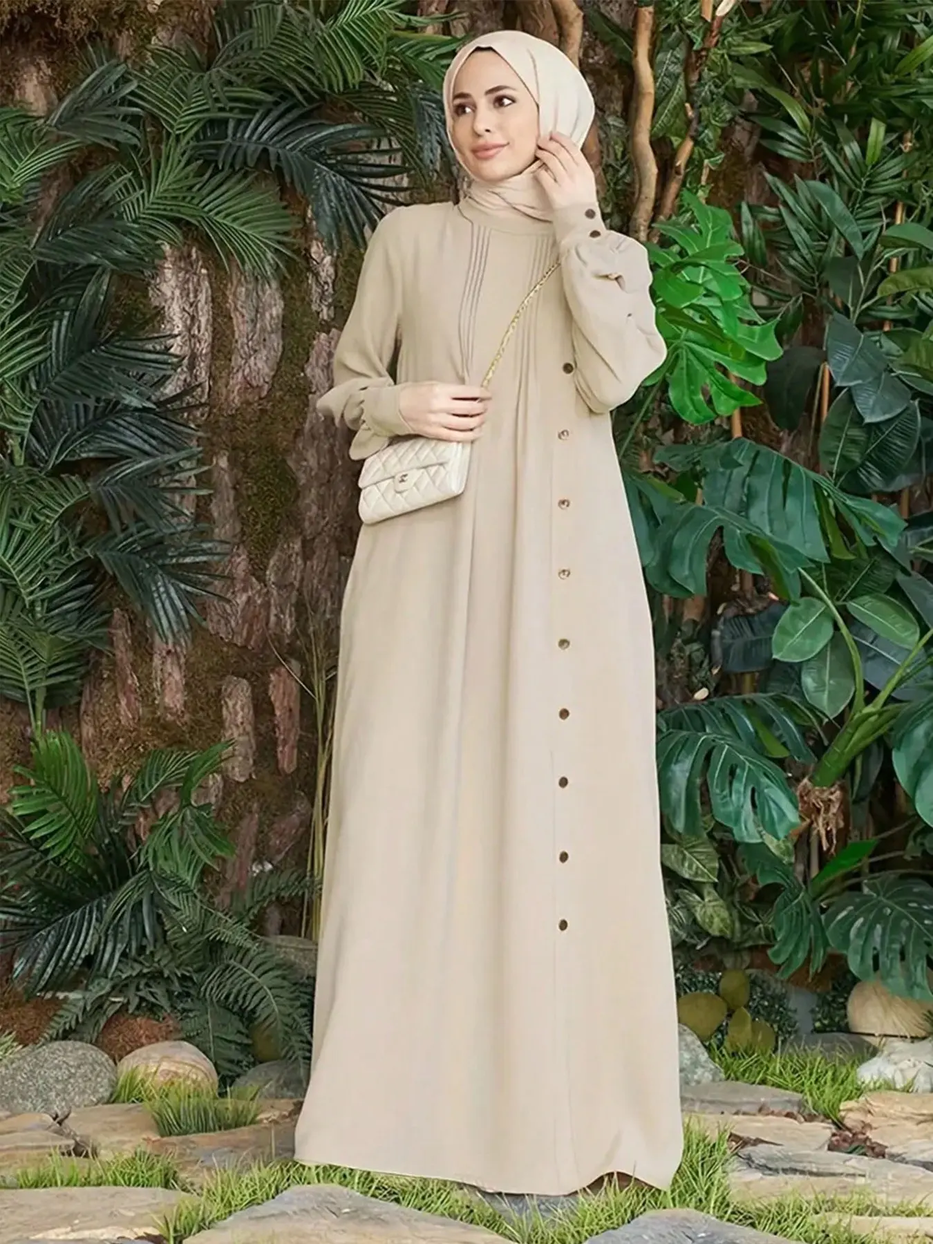Women's Stand Collar Button Front Abaya, Elegant Hijabi Style, High Neck Pleated Dress, Puff Sleeves, Full Length Maxi Cut, Soft Flowy Material, Muslim Clothing, Elegant Islamic Clothing