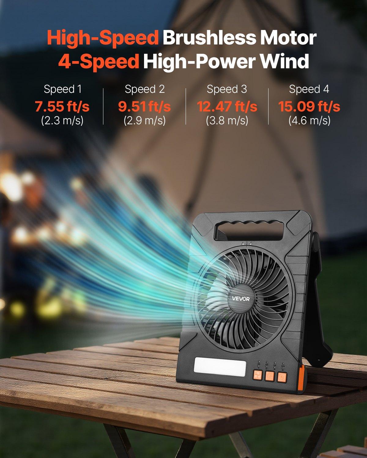 VEVOR 10000mAh Rechargeable Solar Fan with LED Lantern, 7 inch Portable Fan Cordless with 4W Foldable Solar Panel, 4-Speed& Timer& Quiet,USB Battery Powered for Camping Tent Worksite Office Desk