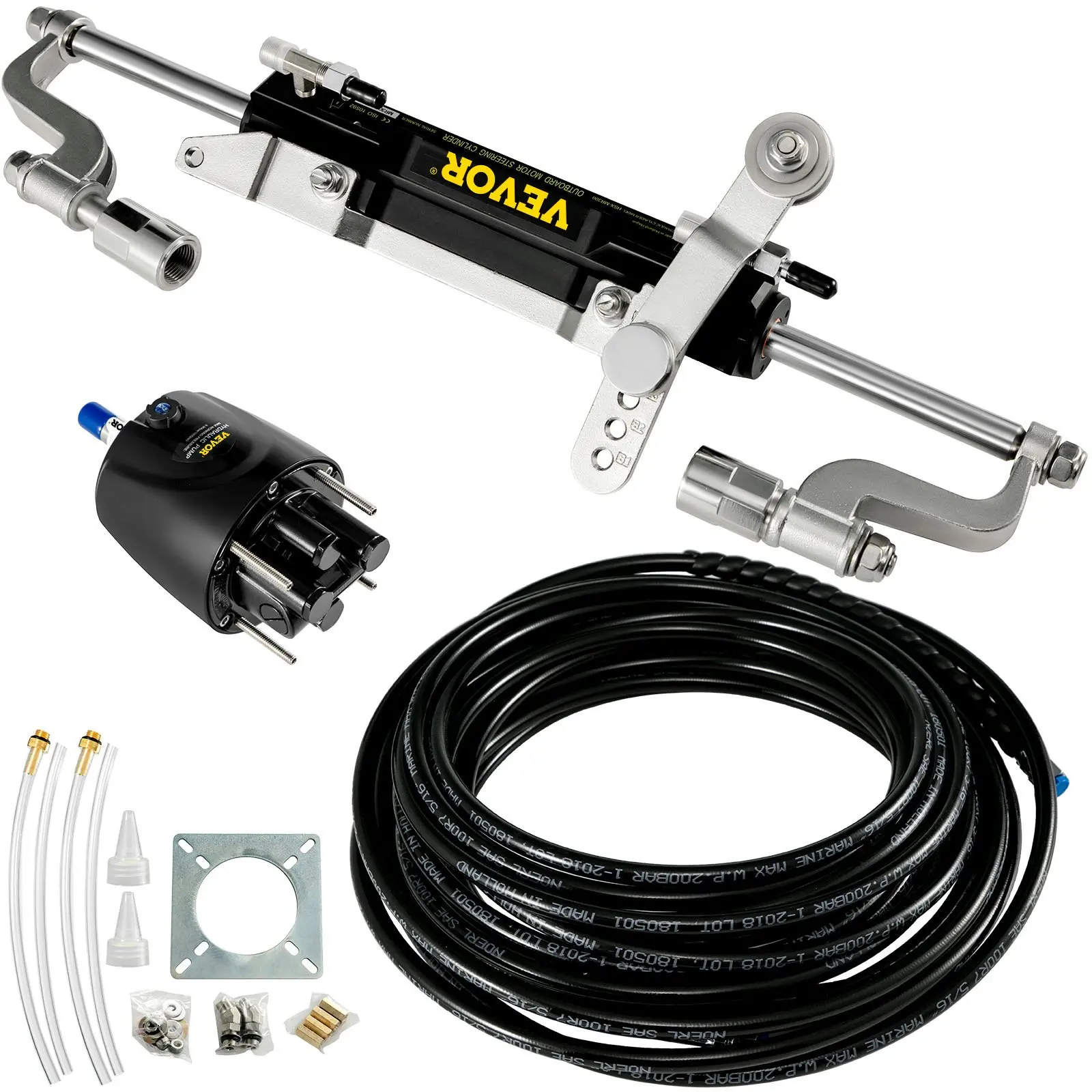 VEVOR Hydraulic Steering Kit, 300HP Hydraulic Steering Compact Cylinder, Hydraulic Outboard Steering Kit with Helm Pump for Boat Marine Steering System