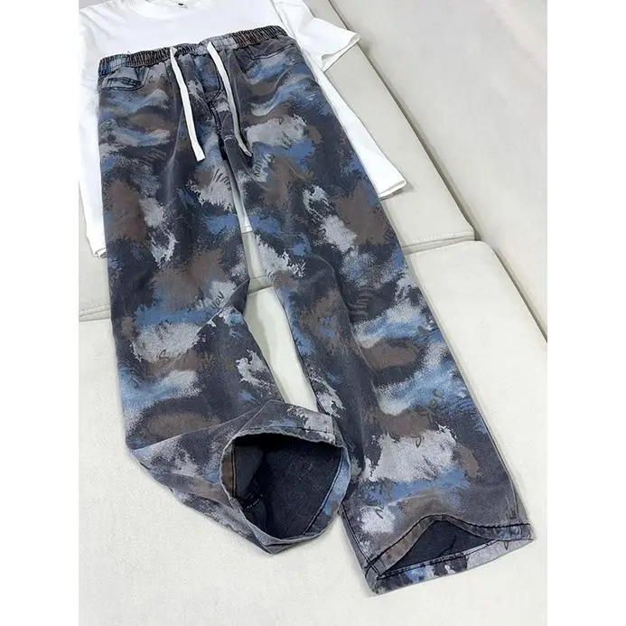 Summer New American Y2K High Street Retro Splatter Denim Pants, Ice Silk Men'S Jeans With Casual Camouflage And A Slight Flare To Make Legs Look Longer, Oil Painting Splatter Letter Print Drawstring Flared Jeans #   SummerWins