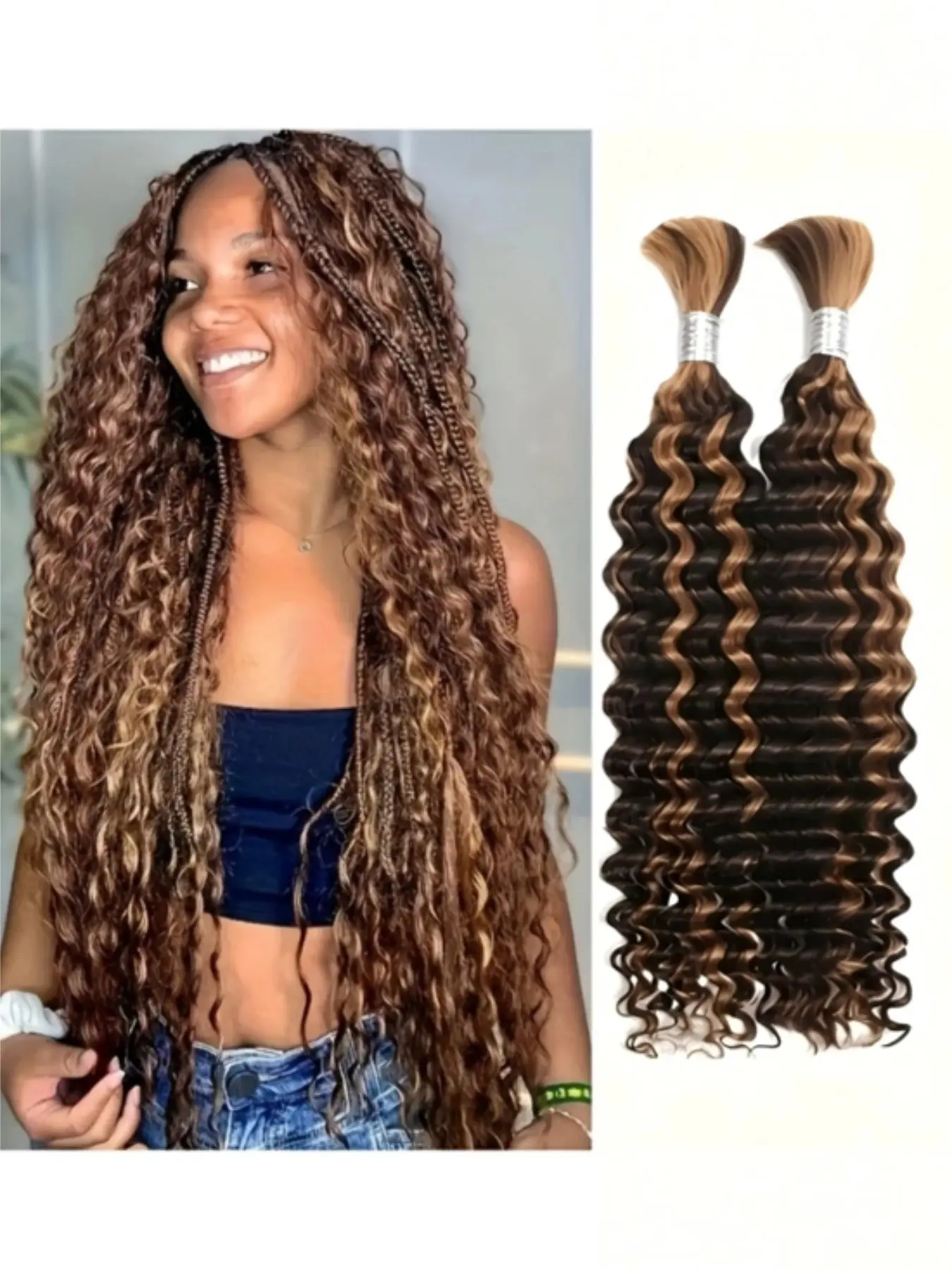 4/27 Highlight Ombre Honey Blonde Deep Wave Human Braiding Hair for Boho Braids 14–28 Inch 100g 2 Bundles/Pack No Weft Bulk Human Hair Knotless Hair Extension Soft Wet & Wavy Tangle Free Knotless Braids