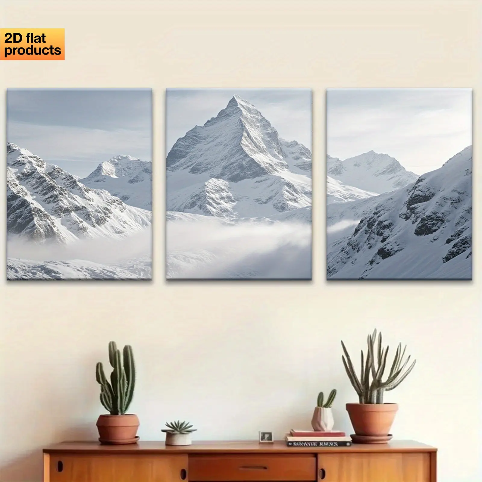 2D Flat Print Wrapped Canvas Print Set of 3, Wood Framed Winter Mountain Wall Art, Panoramic Snow Scene Canvas With Edged Frame, Outdoor White Grey Mountain Decor Prints, Great Choice For Living Room, Bedroom And Office Interior Decoration