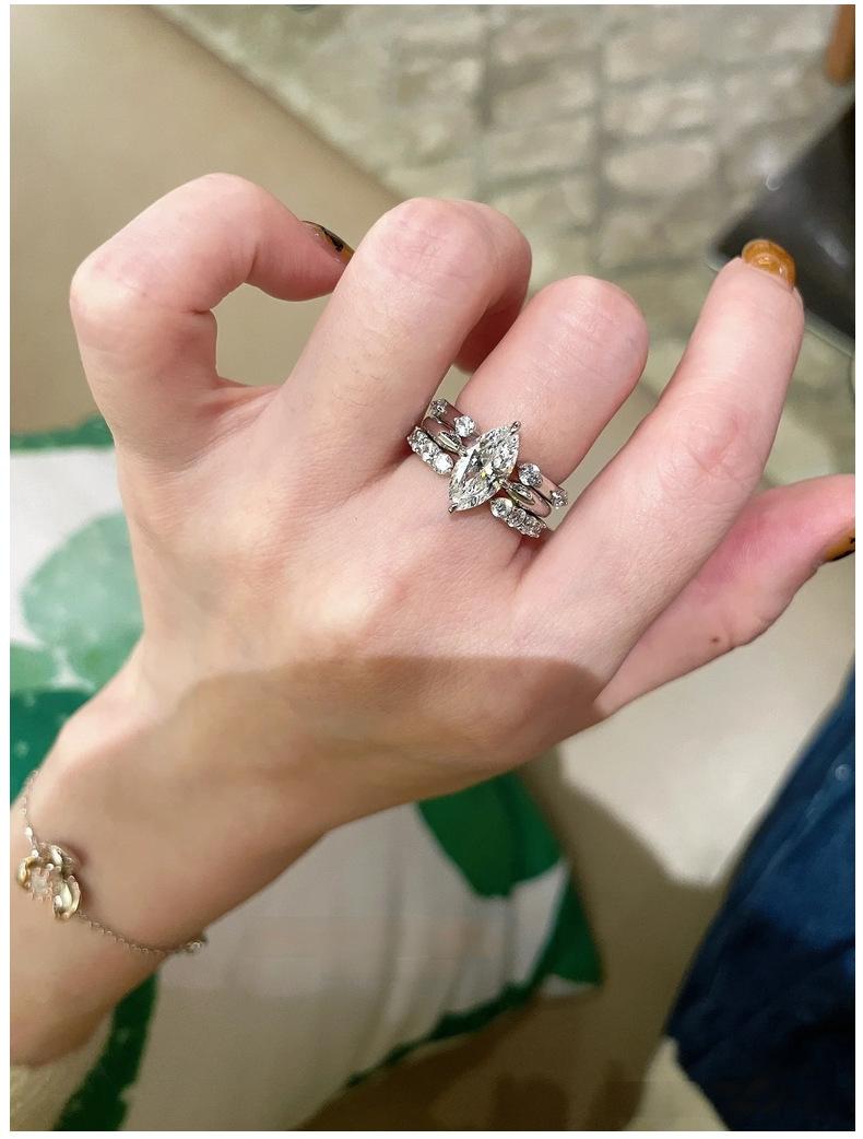 Tarnish Resistant Sterling 925 Silver Ring Set for Women 3 in 1 Stackable Marquise Moissanite Band Sparkling Minimalist Jewelry Ins Blogger Style