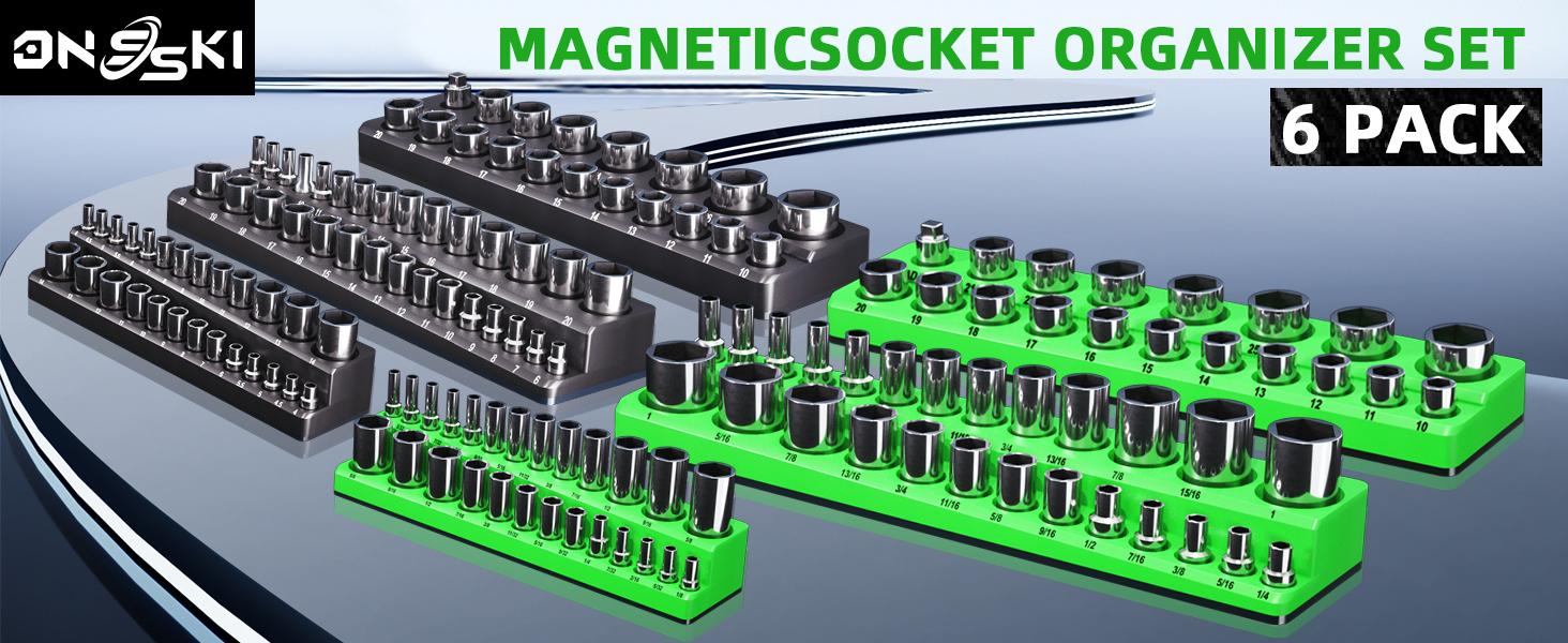 Magnetic Socket Organizer Holder Set For Tool Box Drawer, Toolbox Organization Including 1/4", 3/8" and 1/2" Drive Metric SAE Socket Trays (Sockets are not Included)