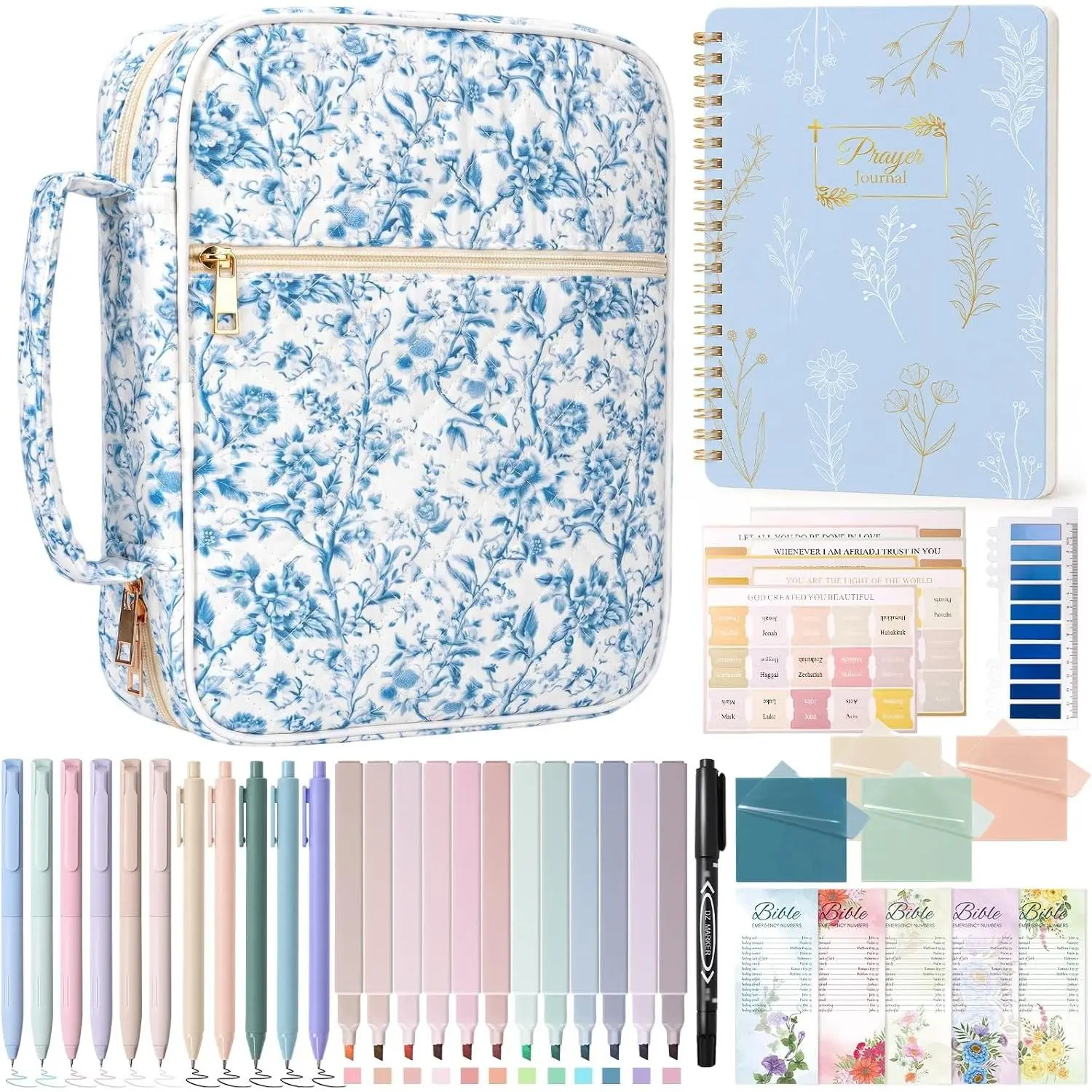 Blue Flower Large Bible Cover Case for Women with Handle, Journaling Kit with Bible Bag, Study Supplies, Journal, Tabs, Pens, Quilted Church Book Holder, Christian Gifts for Mom LadyGift