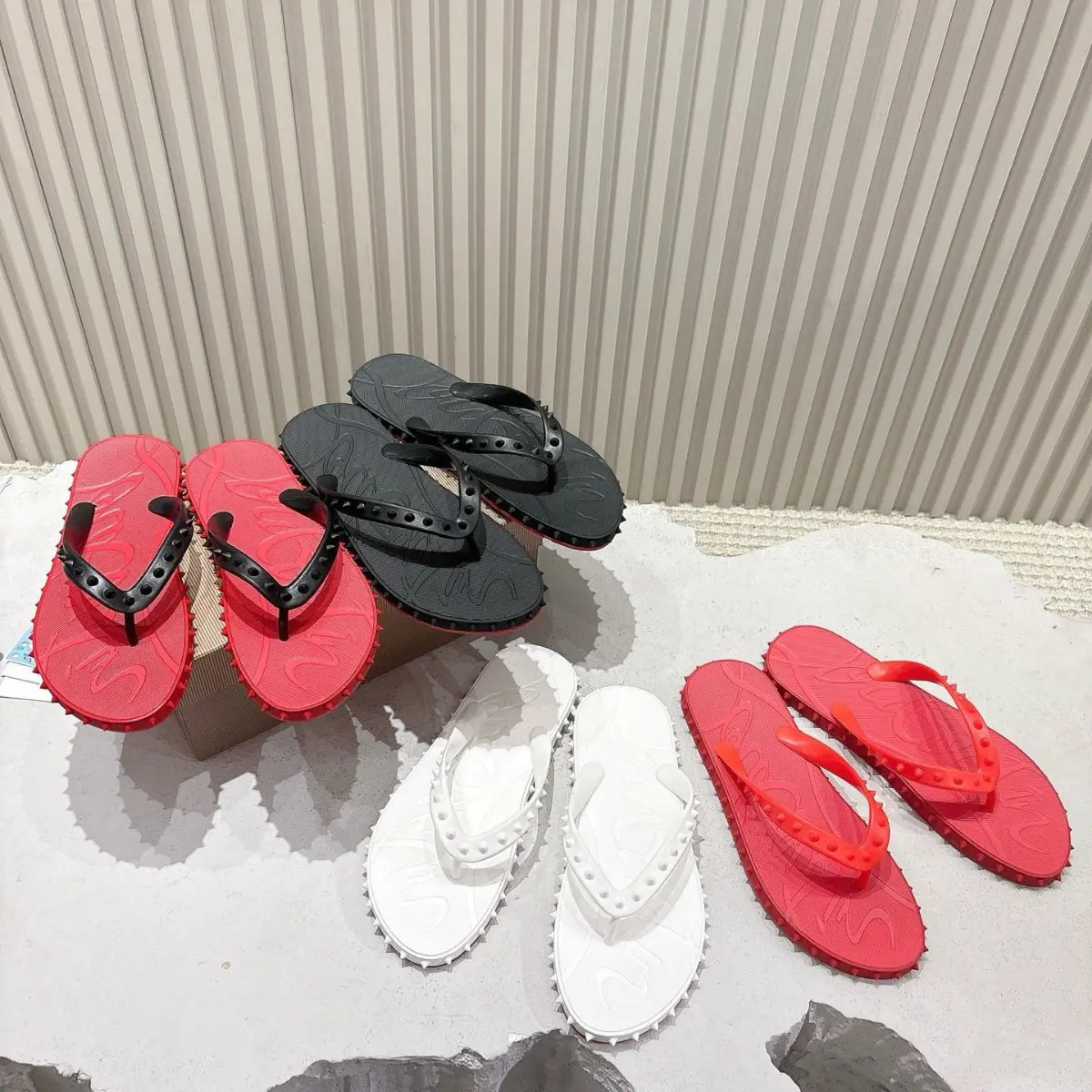Unisex Rivet Detail Red Bottom Flip Flops - Casual Lightweight British Fashion Strapy Sandal, Sports Footwear Shoe for Summer Beach Use, White