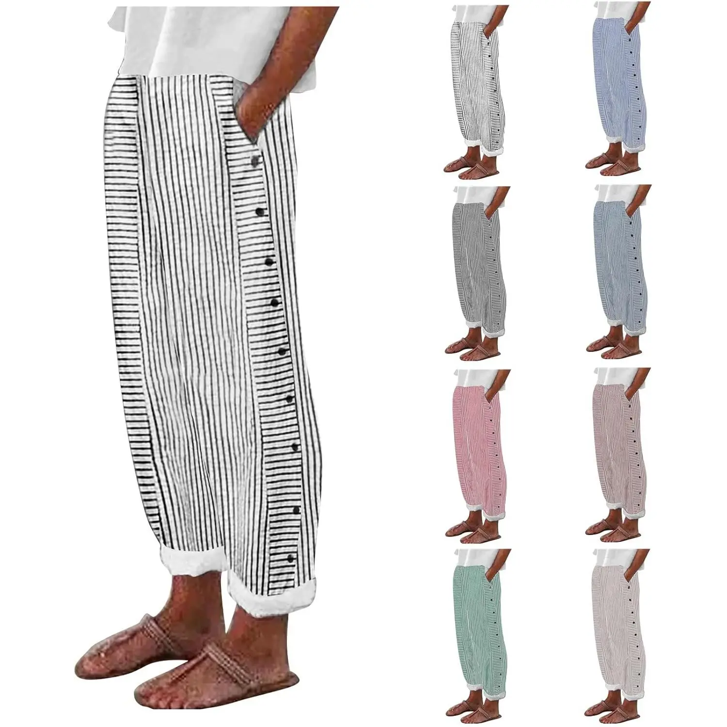 Striped Linen Pants Women 2026 Plus Size Elastic Waist Straight Leg Cropped Pants Spring Summer Casual Beach Trousers
