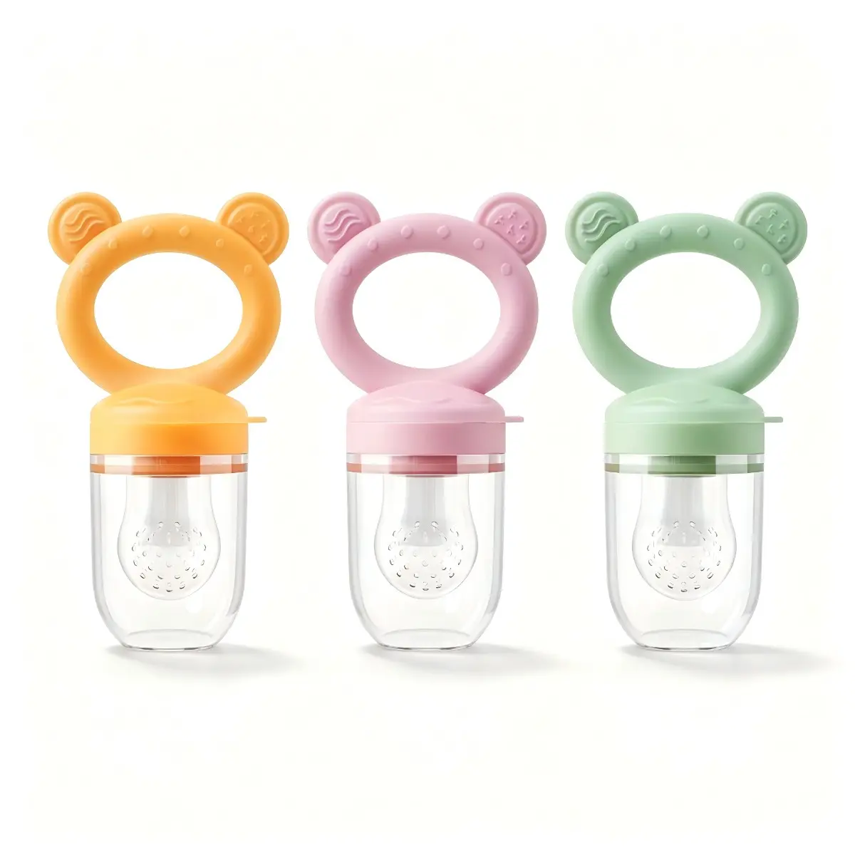Unisex Cute Bear Food Grade Silicone Baby Fresh Food Feeder, Teething Aid with S/M/L Silicone Sac Replacements, BPA-Free Toddler Pacifier for Fruit & Frozen Puree