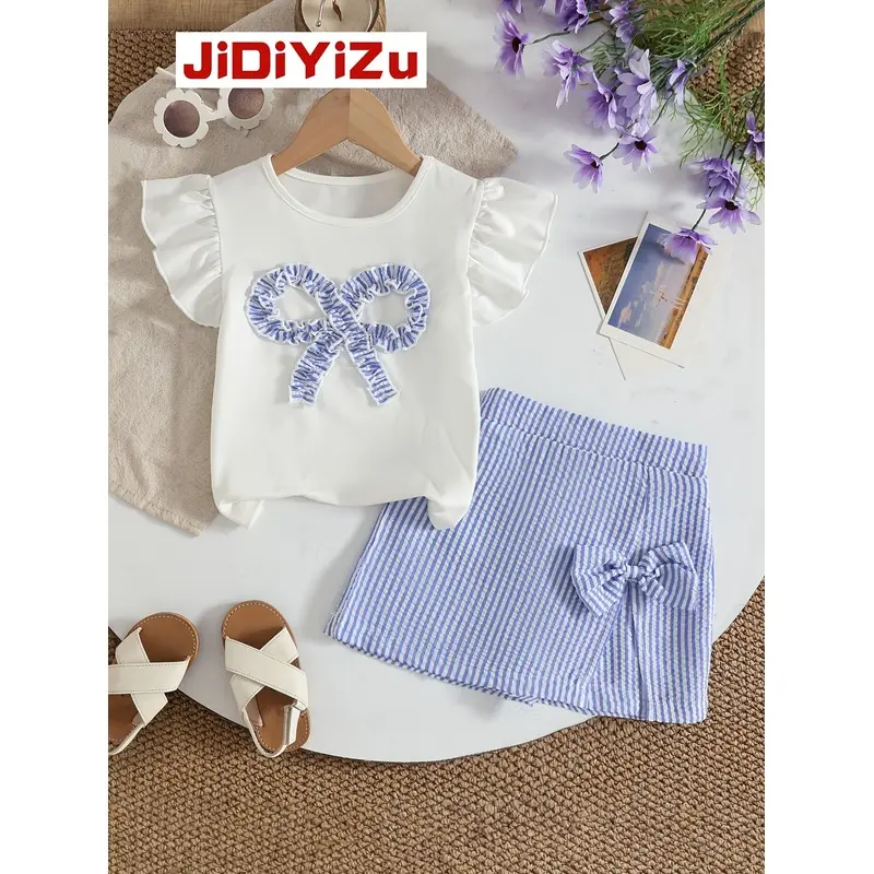 Girls' 2-Piece Boho Casual Outfit Set - Summer Short Pants Clothing, Micro Elastic Fabric, Casual Play Use, Prop 65 Safe
