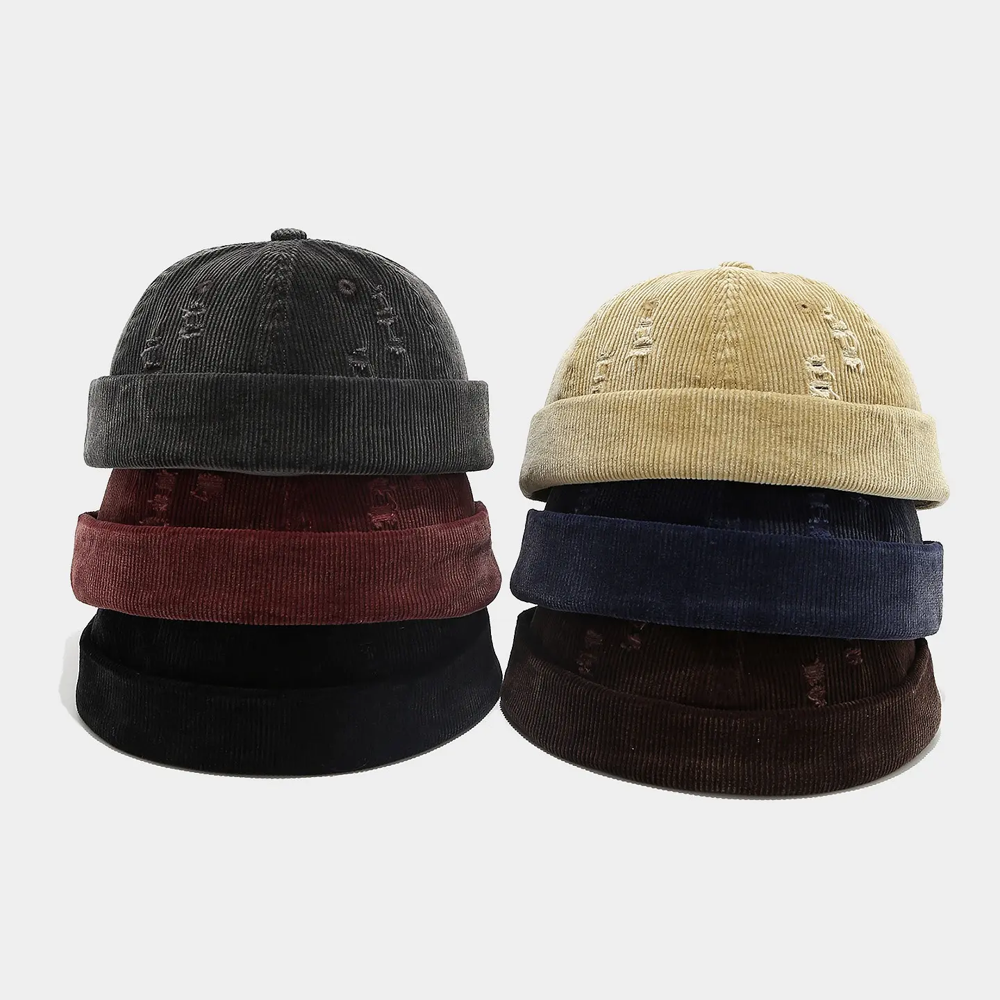 Vintage Distressed Corduroy Brimless Docker Hat • Y2K Streetwear Blank Textured Beanie Cuff Cap for Women Men
