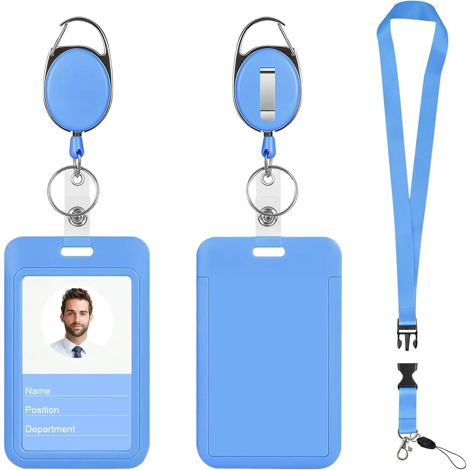 ID Badge Holders and Retractable Reel Clips,Lanyard with Release Buckle, Key Card Holder Nametag Protector (Blue, Clear & Matte (Vertical)