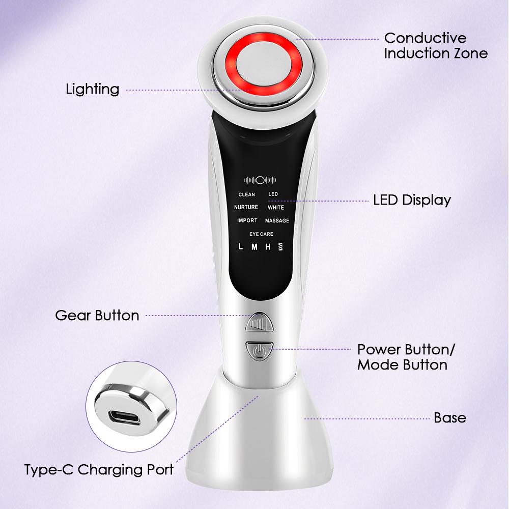 7-in-1 Facial Beauty Device Multi-Color LED Lights Vibration Heating EMS 3 Intensity Levels Portable Facial Beauty Instrument Facial Beauty Machine