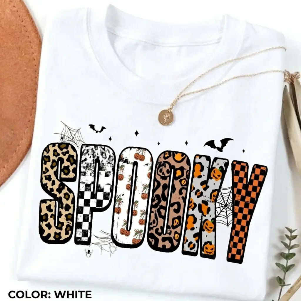 Retro Halloween Spooky Shirt, Personalized Halloween Leopard Checkered Fall, Spooky Shirt, Halloween Girly Tee, Fall Shirt