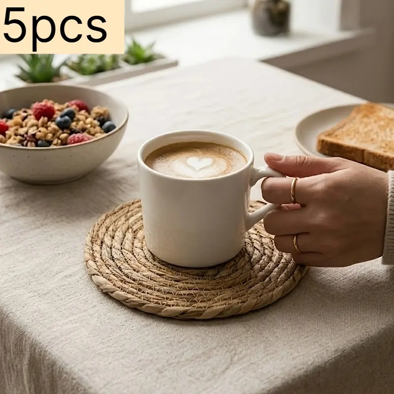 5pcs woven coasters (11cm), round handmade rattan coasters, heat-resistant and non slip beverage coasters, suitable for protecting coffee and tea cup tabletops