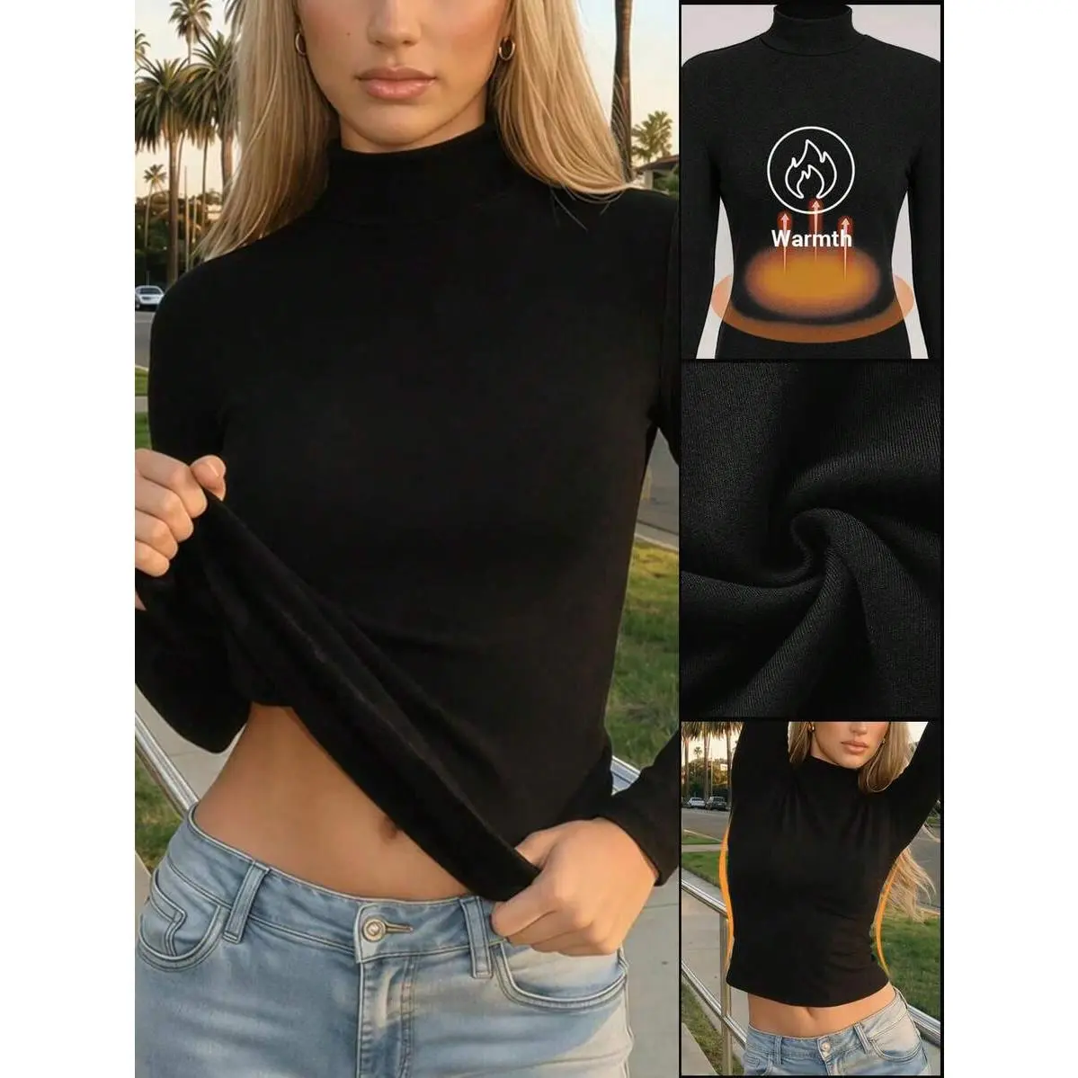 Women's Knitting Basic Thermal-Lined Turtleneck Slim Long Sleeve Solid Color Sports Top - Fall Winter, Slim Cut, Comfortable, Versatile, Non-Bulky, Moisture-Wicking, Compression, Shaping, Sporty Chic - Ideal for Club, Yacht Use