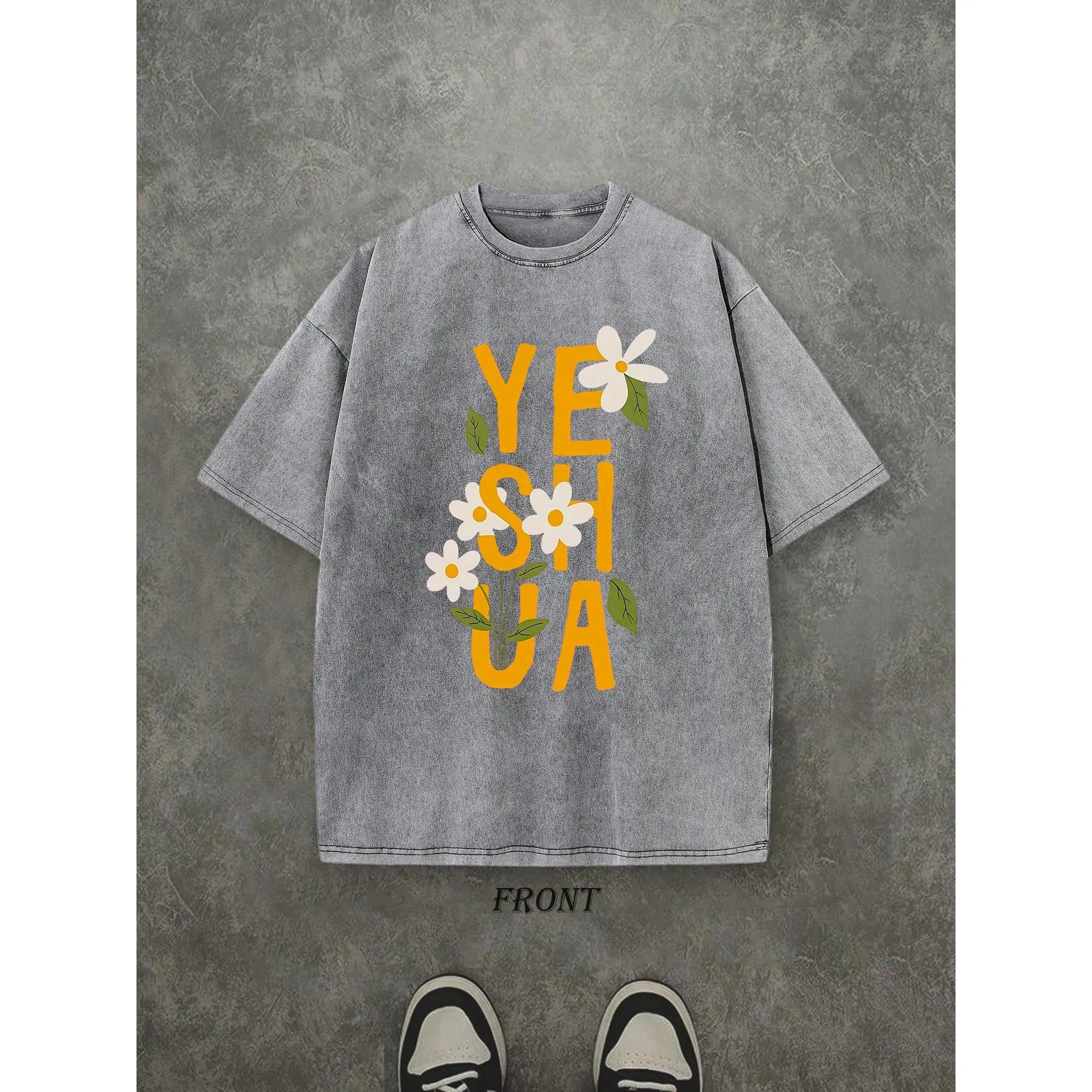 Vintage Washed Shirt Single-Sided Printed (230 Pure Cotton T-Shirt) 'Yeshua With Flower' Yeshua Christian Shirt, Christian Gift, Unisex Shirts, Mens Shirt Casual, Comfortable, Fashionable T-Shirt, Street Style Cotton