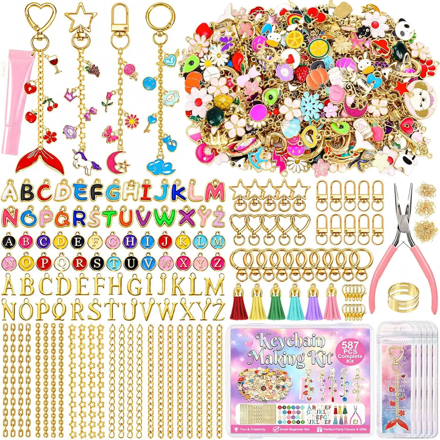 587 count Lip Gloss  Making Kit and DIY Bag Charm Kit | Includes Charms, Chains, Hooks, Jump Rings, Lobster Clasps,  Bags and Tools for DIY Lip Gloss Keychains and Bag Charms