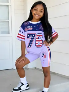 Girls' Summer Retro Sport Set, Kids Girls Clothing, Athletic Set, Short Sleeve T-Shirt with Usa Flag, Firework Print, Colorblock Shorts, School Events, Outdoor Activities