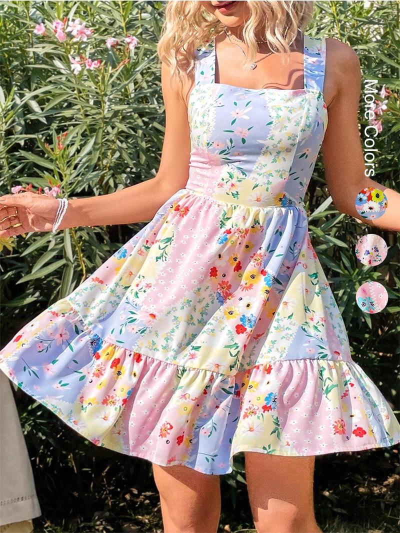 Women's Floral Print Backless Bow Tie Dress, Sleeveless Short Sundress, Casual Boho Chic, Boho Vacation, Fitted Summer Dress