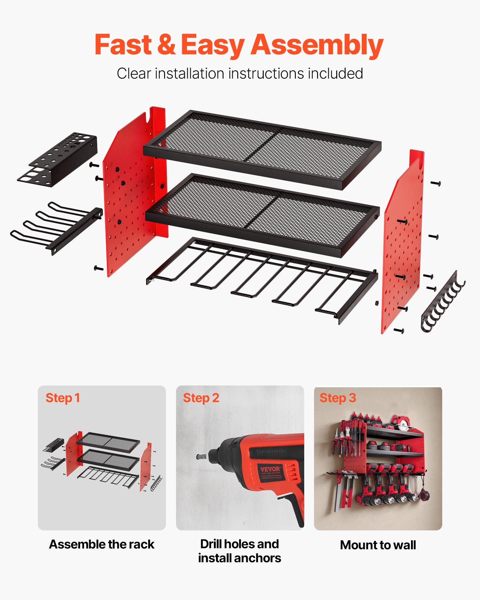 VEVOR Power Tool Organizer Wall Mount, 3-Layer Storage Rack with 4 Drill Holders, Tools Holder and Storage Rack with Side Pegboards, Garage Tool Organizer for Garage, Workbench, and Workshop