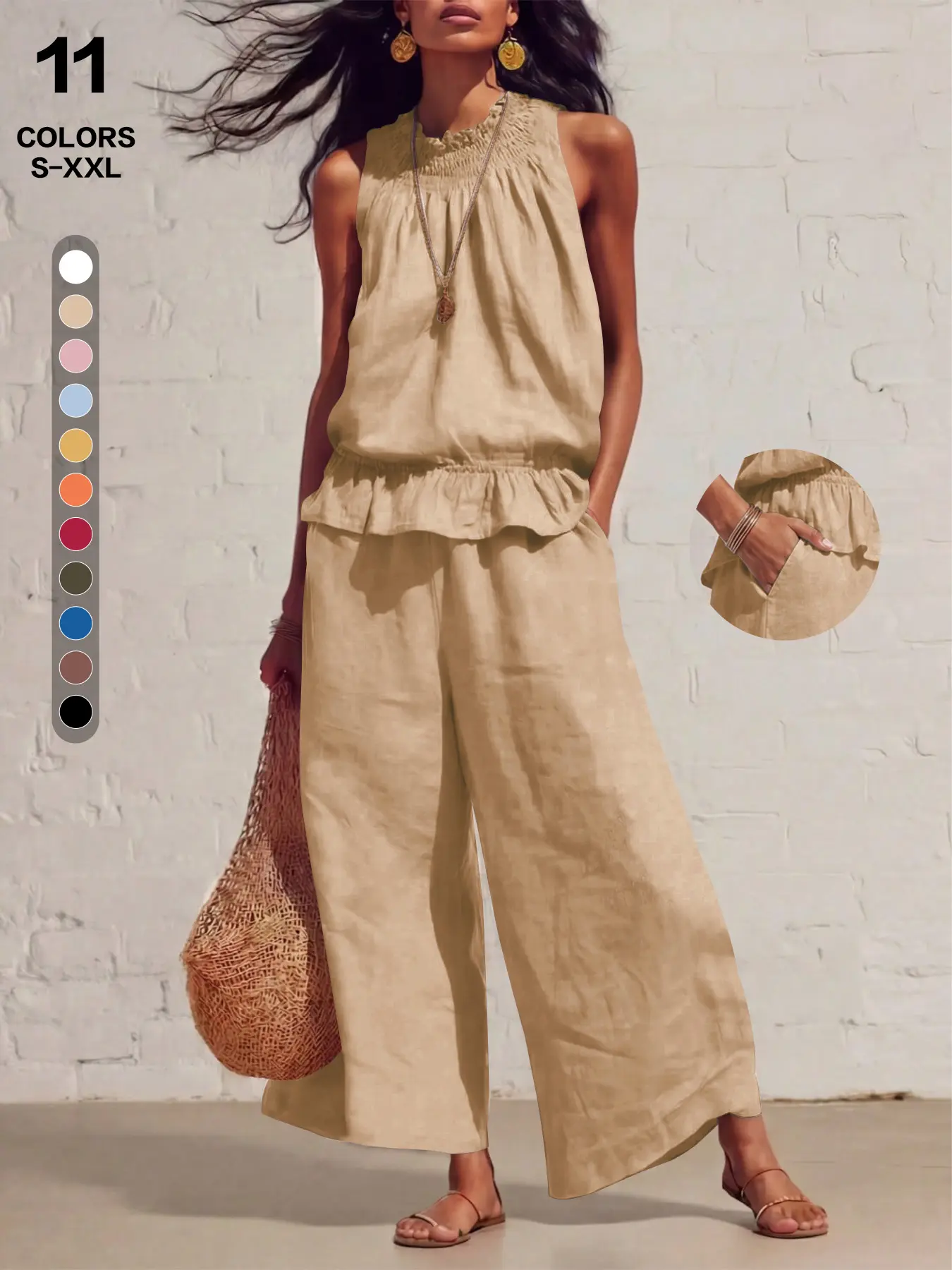 Women 2 Piece, Sleeveless Smocked Ruffle Hem Breathable Tank Top, Elastic Waist Wide Leg Pants, Casual Feminine Set with Side Pockets