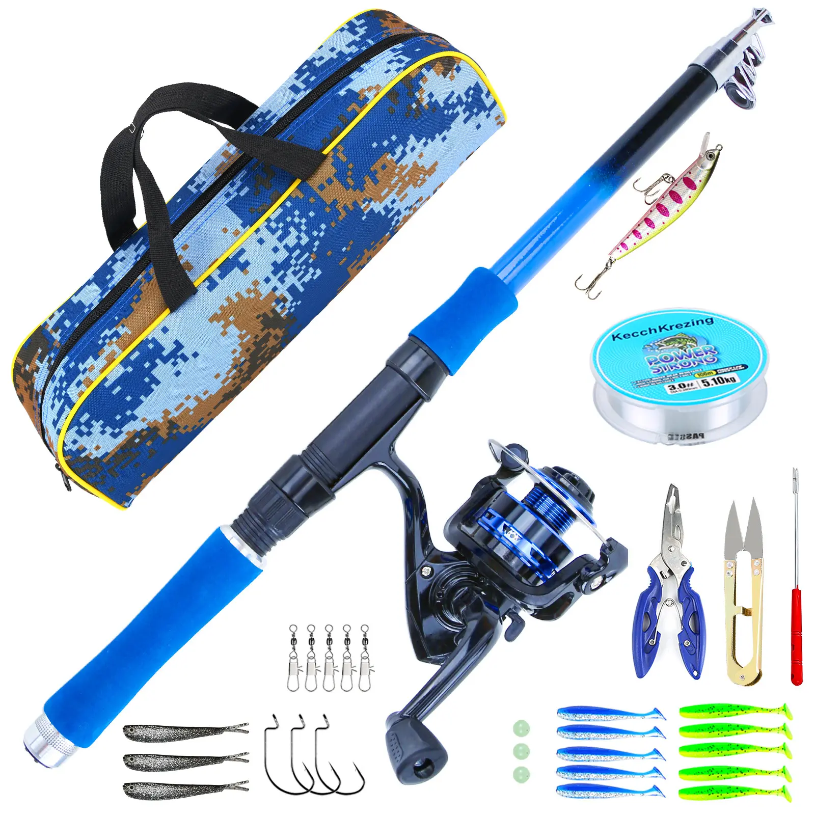 Blue‑Black Gradient Telescopic Spinning Rod and Spinning Reel Combo, Dynamic Blue‑Black Look, 1.8M Kit with Abundant Tool Accessories, Works for Freshwater and Saltwater, Practical Outdoor Gift for Fishing Lovers, Saltwater Fishing Gear