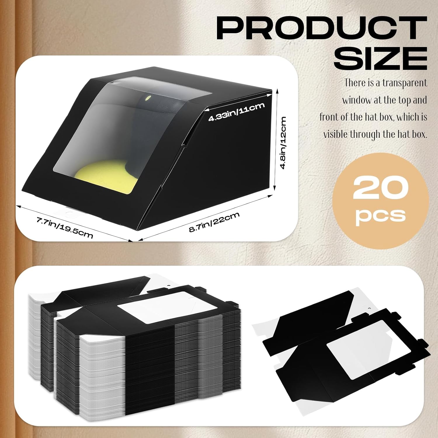 20 count Hat  Boxes with Window Baseball Hat Organizer Display Box for Hat, 8.7 x 7.7 x 4.8, Paper Fold Storage Container Packing Box for Baseball Caps Dad Hat Billed Cap