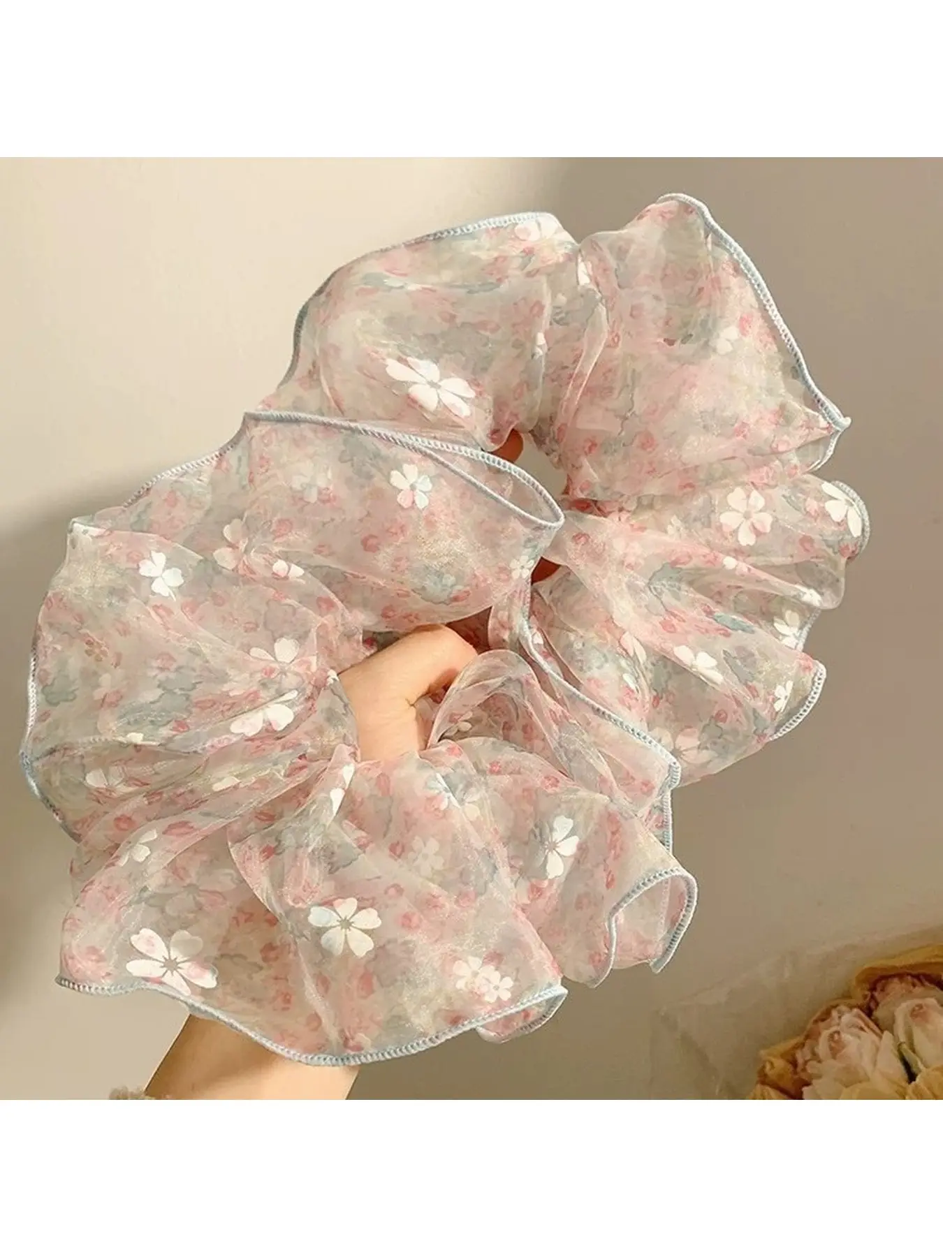 Soft Bubble Gauze Korean Pink Floral Scrunchie, Extra Large Fairy Lazy Style Hair Tie, Premium Women Hair Accessory