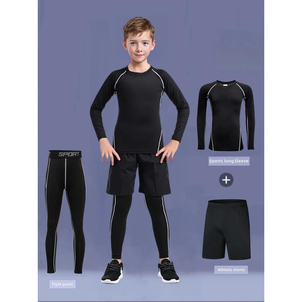 3pcs Boys' Quick-Dry Athletic Set - Compression Long Sleeve Top, Tight-Fit Pants & Shorts Training |   -Elastic multi- (Running, Cycling,) |     Fall Outfit |     Machine Washable Compression Suit, Perfect Outdoor