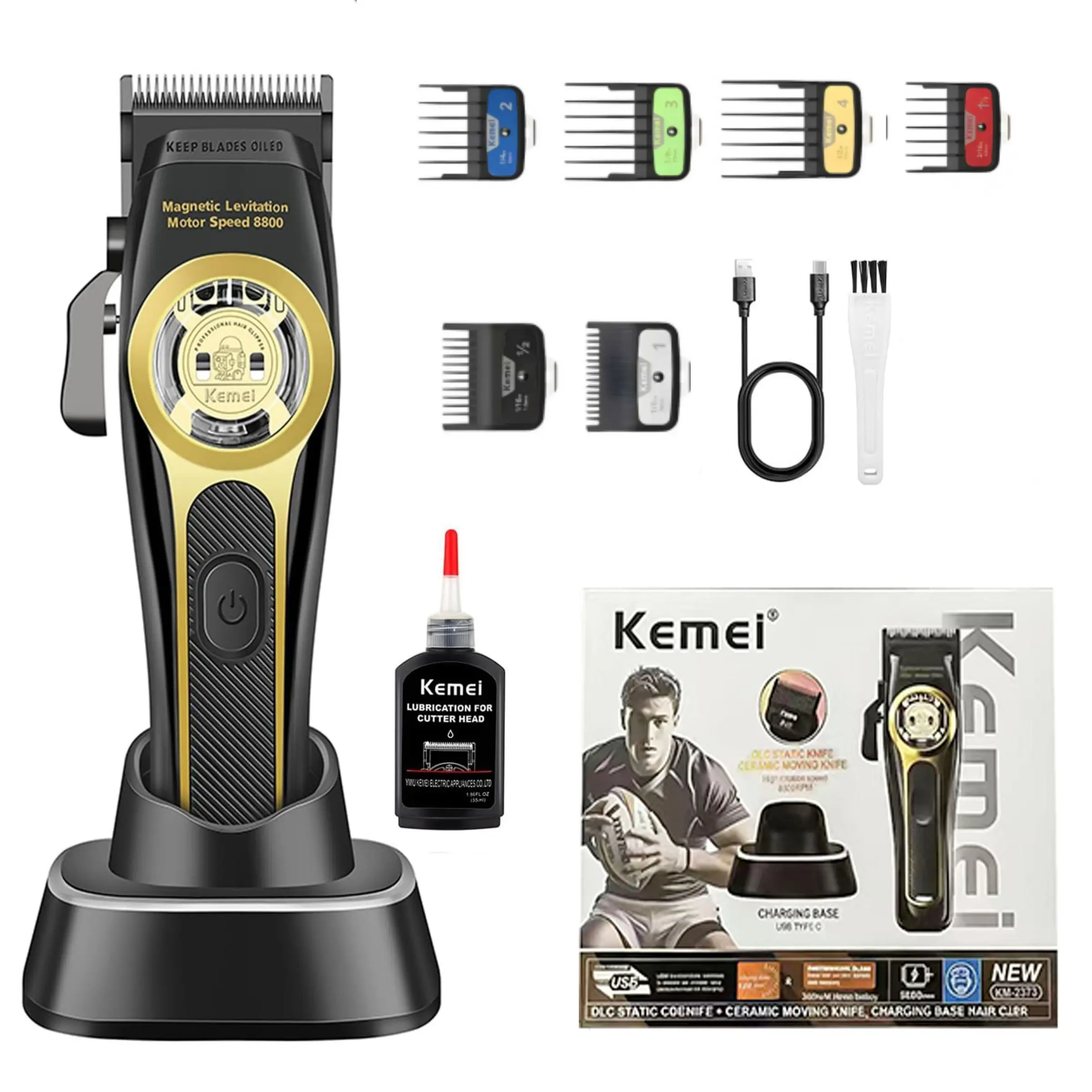 Kemei Professional Cordless Hair Clipper with Magnetic Suspension Motor, 8800 Rpm Charging Base, Men's Grooming Tool Km-2373