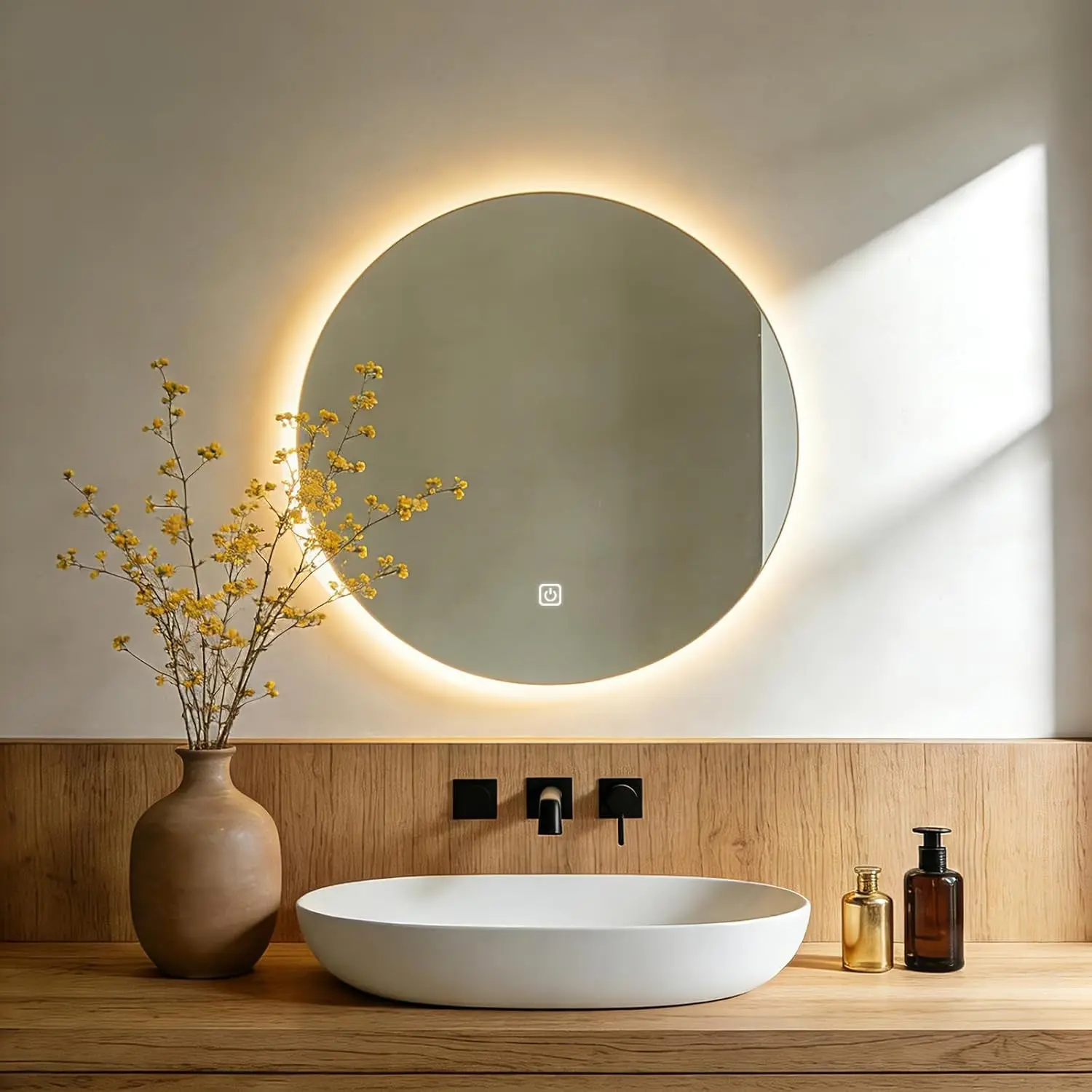 20 Inch Round LED Bathroom Mirror with Lights, Lighted Vanity Bathroom Mirror with Backlit, Stepless Dimmable & 3 Colors (3000K/4000K/6000K), IP54 Waterproof