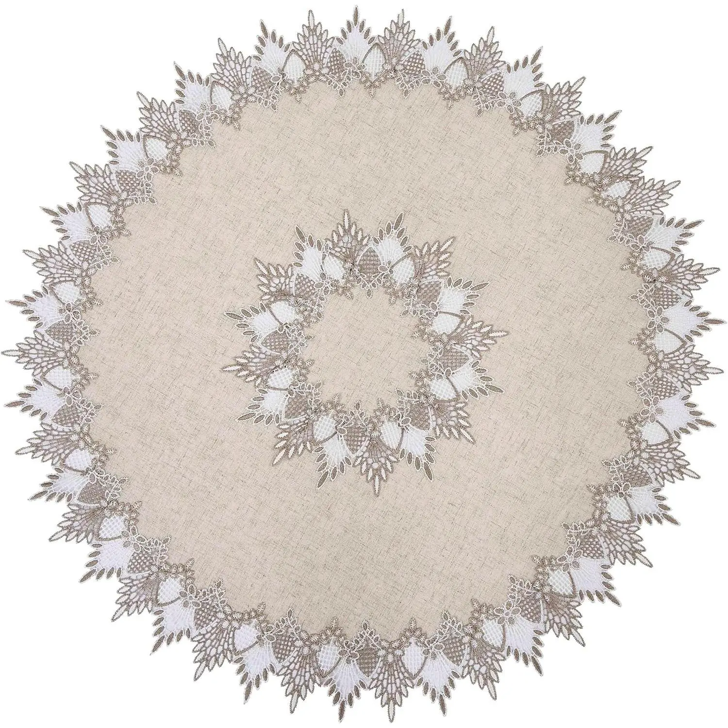 Natural Linen Decorative Lace Doily 33 inches Round Neutral Earth Tones Beige Lace Coffee Table Topper Dresser Scarf Place Mats (Natural, 33”Round)