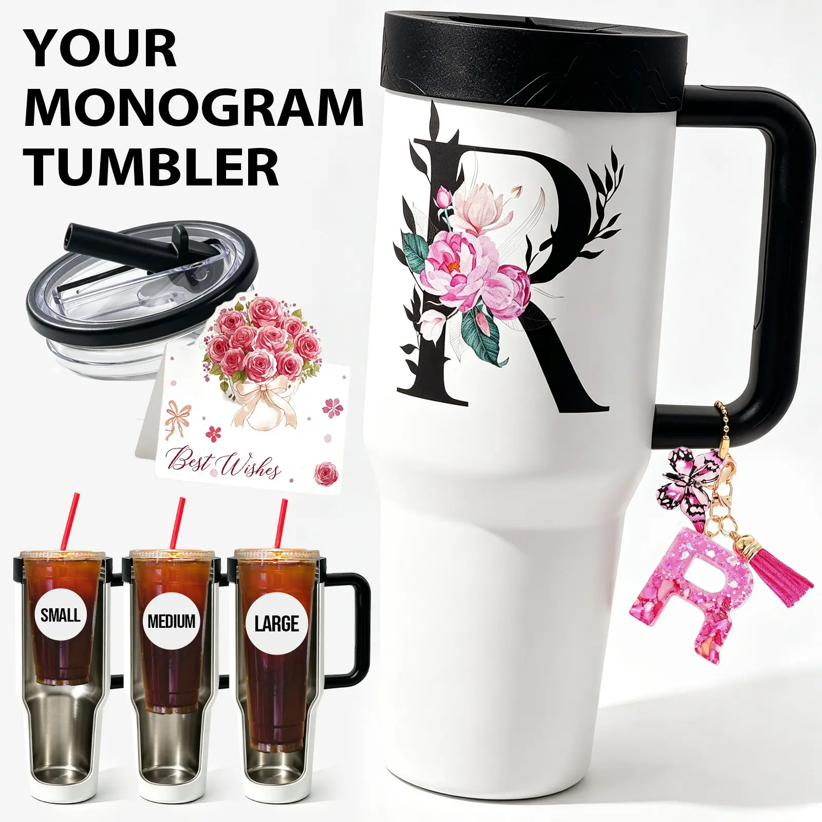 Personalized Gift for Women,40oz Initial Stainless Steel Tumbler,Universal Iced Coffee Sleeve,Birthday Gift for Mom  Monogrammed Gifts for Sister,Wife,BestFriend,40oz Initial Tumbler,Travel mug,Iced Coffee Tumbler with Gift Card & Gift Box, Lid