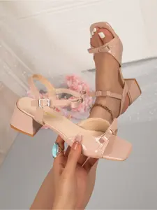 Korean Gentle Bow Block Heel Sandals 3 Colors Patent Square Toe Office Shoes