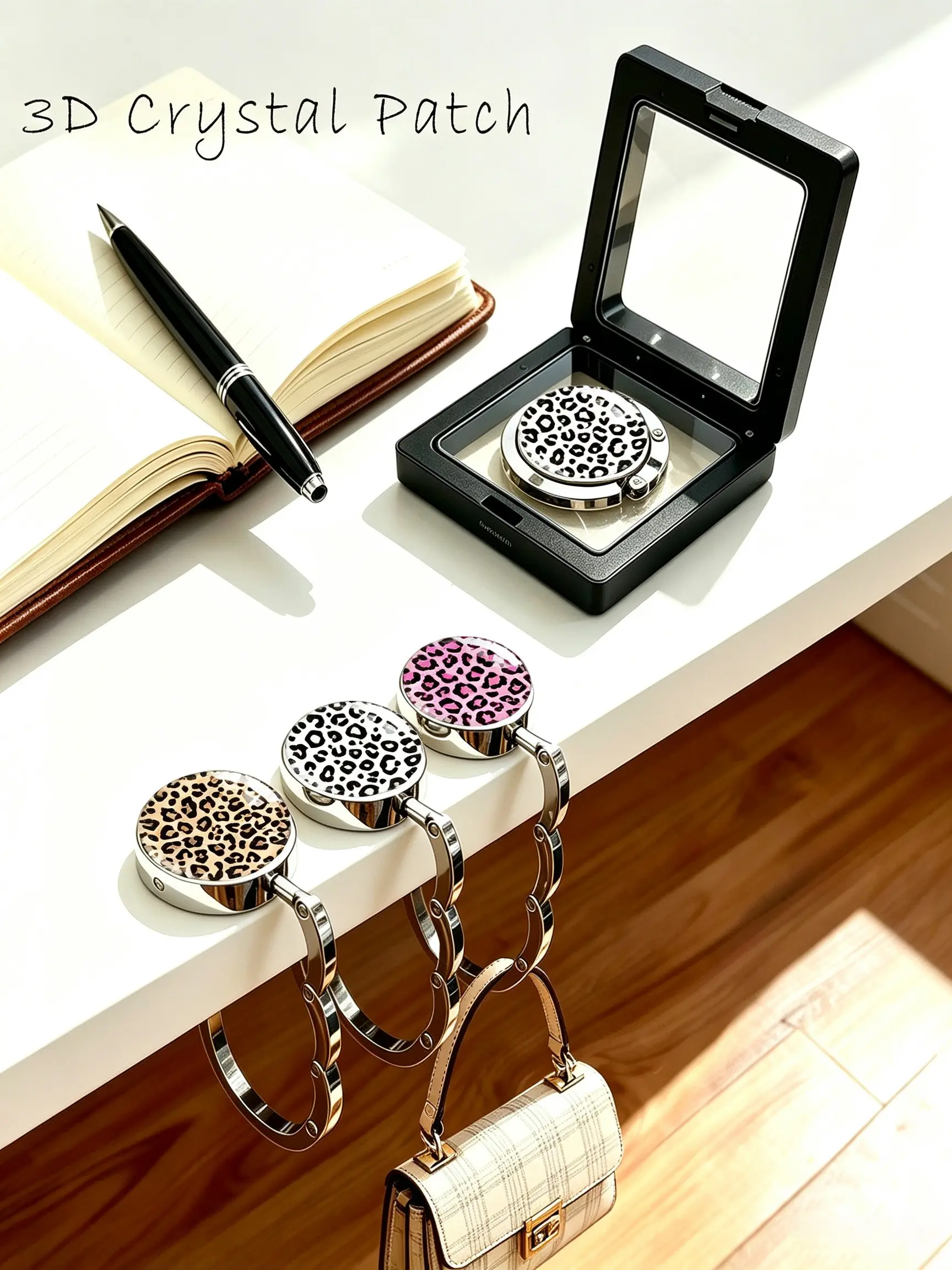 3PCS Leopard Print Table Purse Hook for Handbag, Foldable Metal Bag Hanger for Table, 3D Crystal Patch Desk Bag Holder Purse Hanger for Women Handbag Backpack, Gift Box Packed