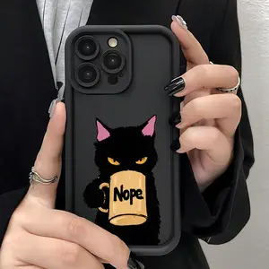 Black Matte Shockproof Full Coverage Phone Case for iPhone 17E 16 promax 15 14 Plus 13 12 Mini 11 Pro Max, Grumpy Black Cat Funny Trendy Aesthetic Gift, Slimfit Anti-Drop Soft Protective Cover