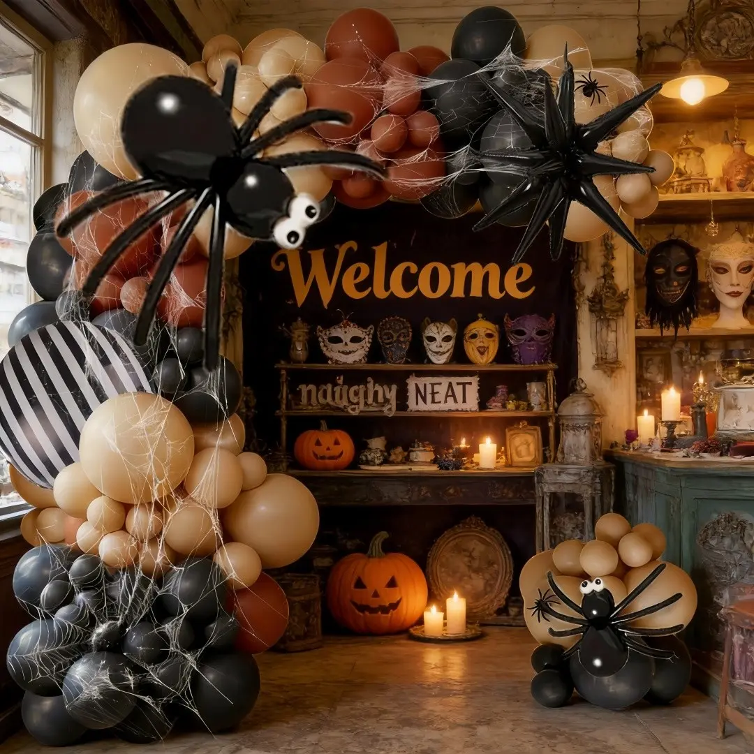 124pcs Halloween Spider Balloon Garland Arch Kit, Nude Latex Balloons, DIY Giant Spider & Burst Star Foil Balloons, Party Decorations